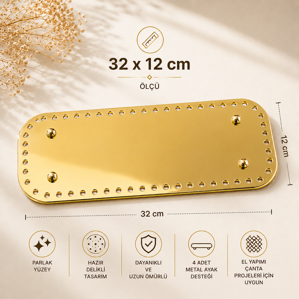 Parlak Sarı Çanta Tabanı 32 × 12 cm – Hazır Delikli, 4 Metal Ayaklı