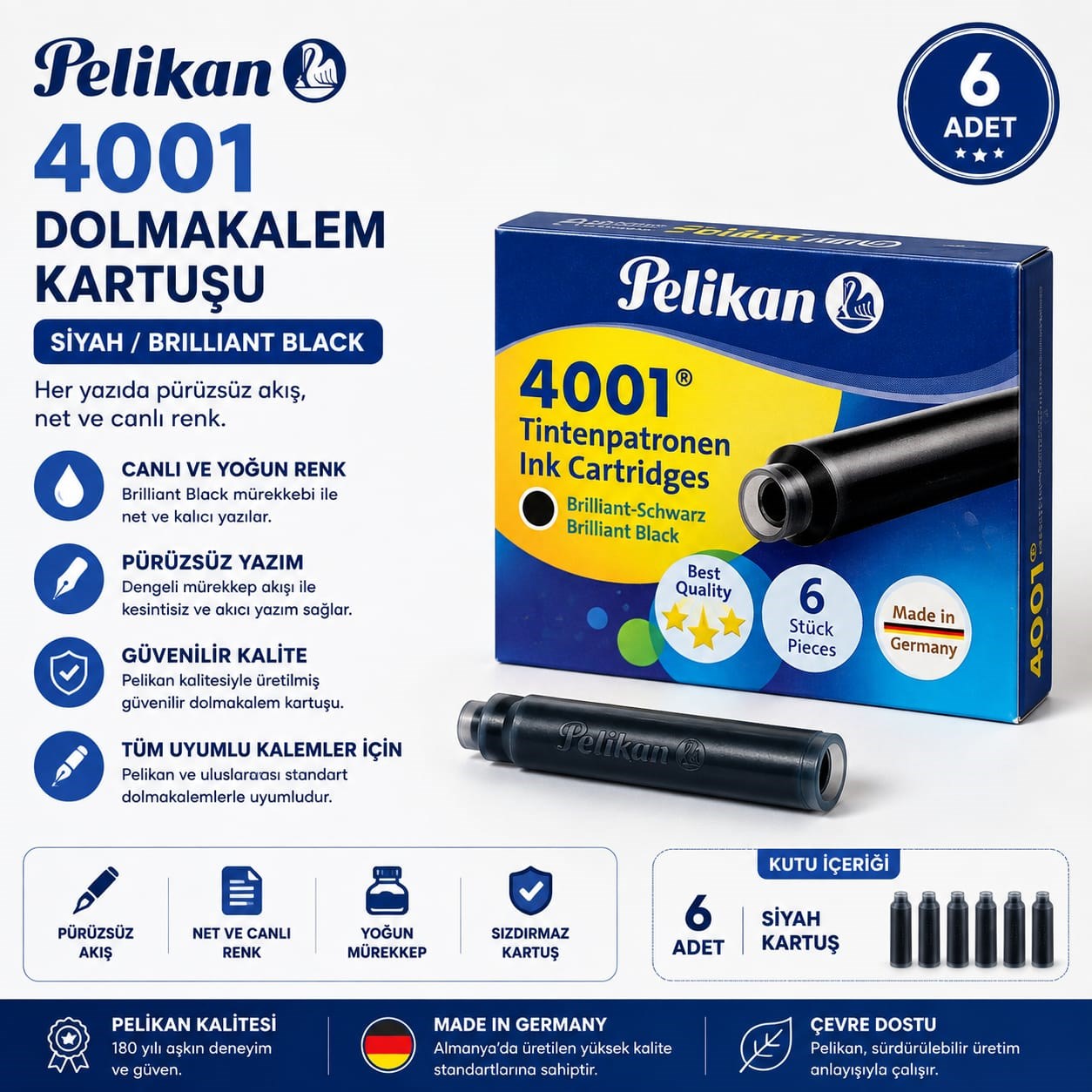 Pelikan 4001 Dolmakalem Kartuşu 6 Adet Siyah