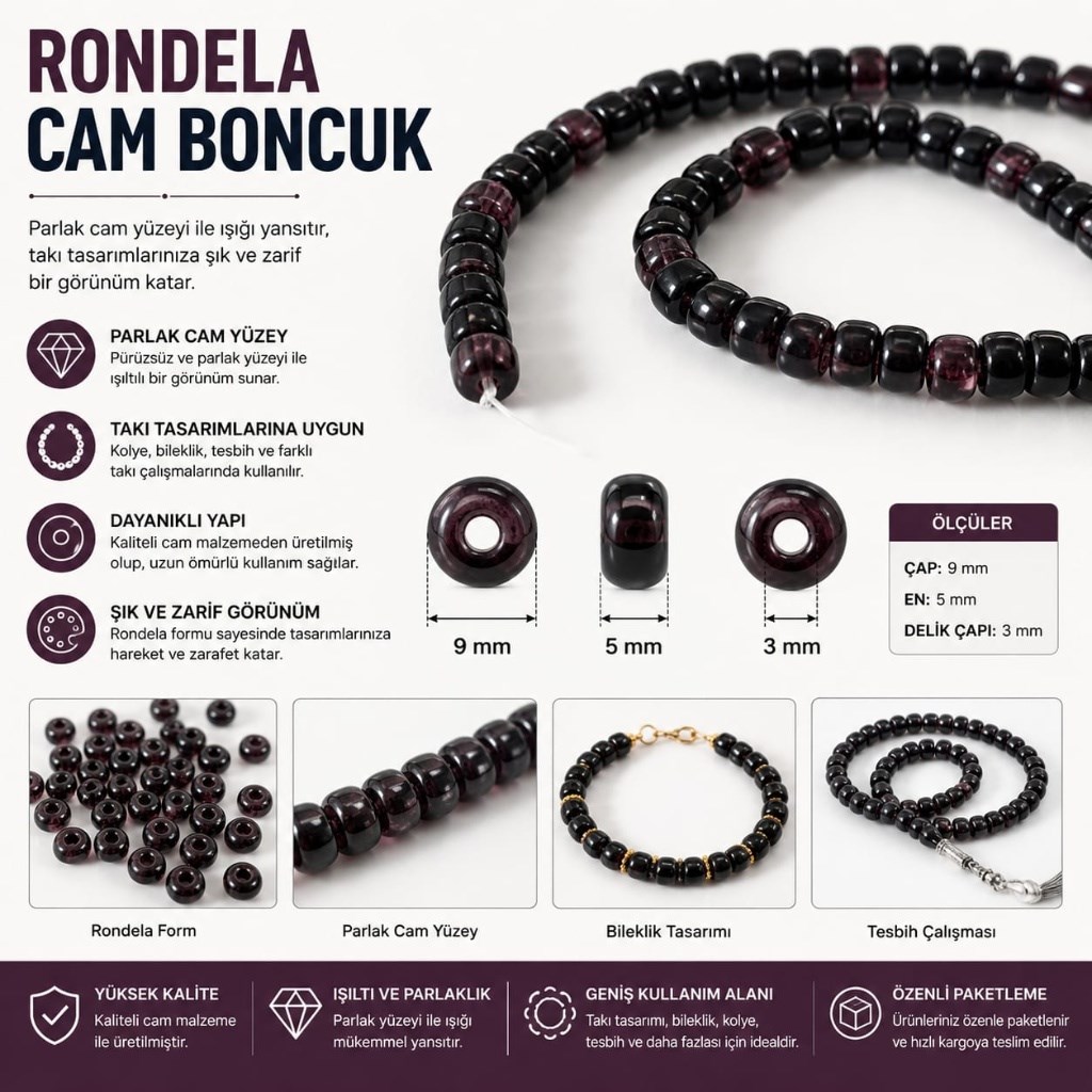 Rondela Cam Boncuk Dizisi - Mürdüm / Koyu Mor (5x9 mm)