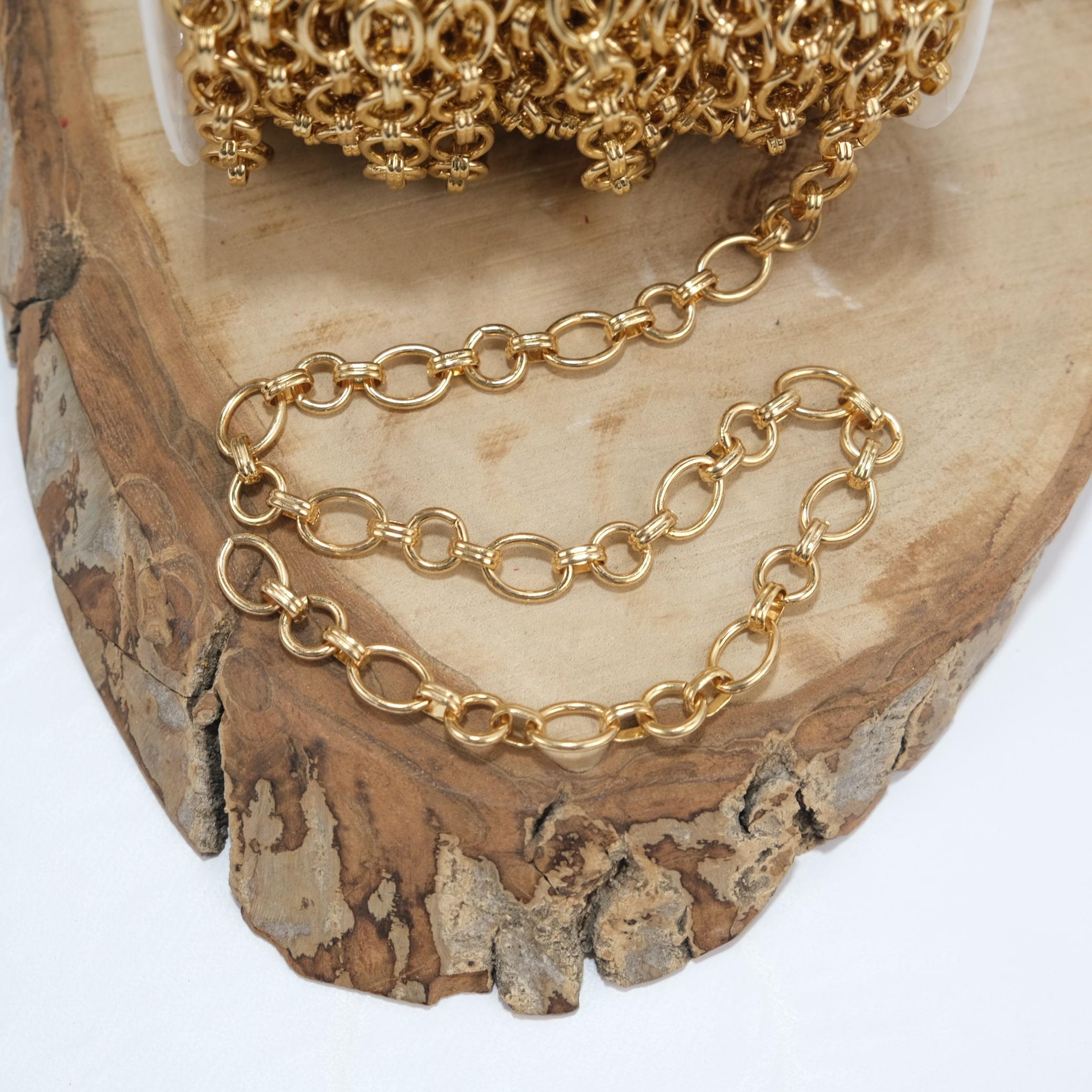 Sarı Renk Metal Kaplama Oval ve Yuvarlak Halkalı Zincir Kolye Zinciri Takı ve Çanta Zinciri 1 Metre