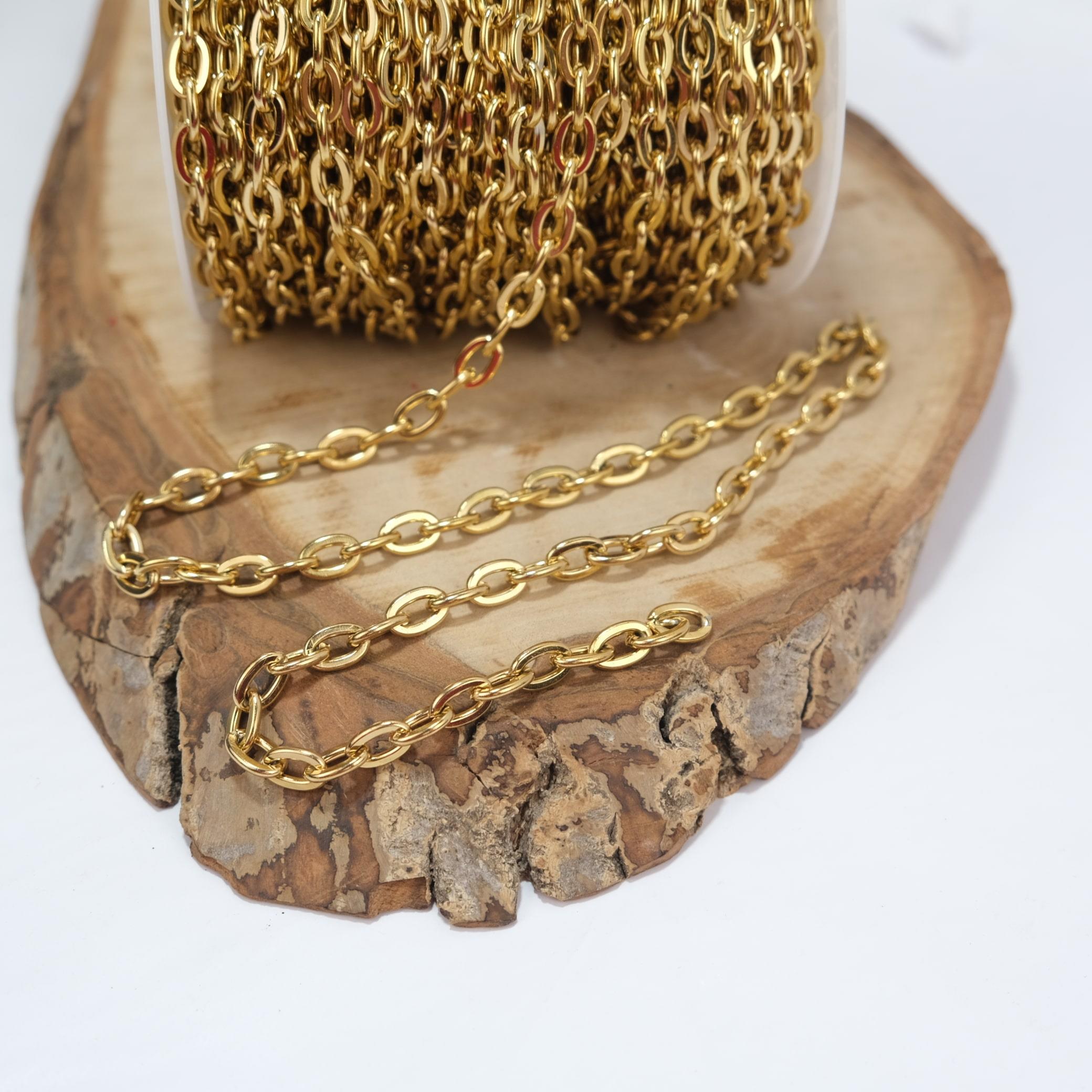 Sarı Renk Metal Kaplama Oval Zincir Kolye Zinciri Takı ve Aksesuar Zinciri 1 Metre Halka Boyu 10 mm