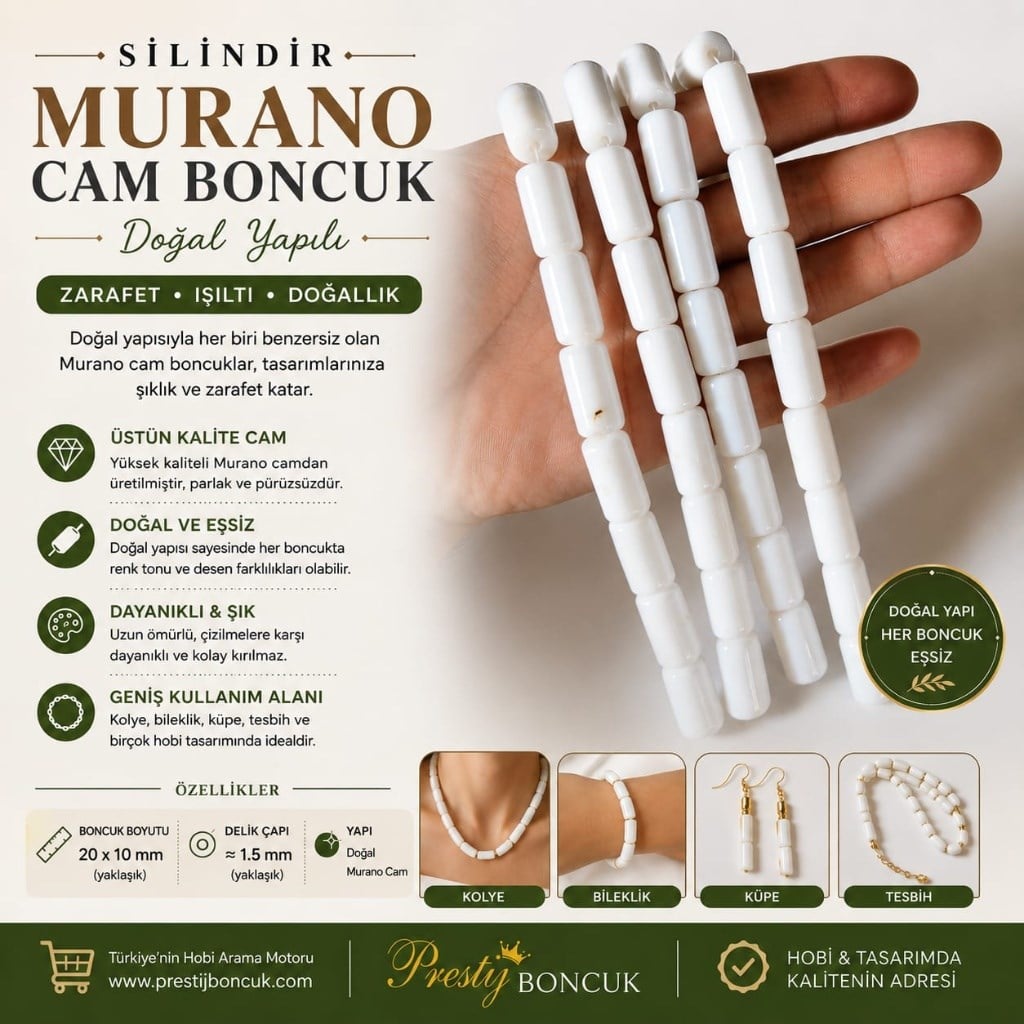 Silindir Murano Cam Boncuk – Beyaz (20 mm) – 1 Dizi (Yaklaşık 18-19 Adet)