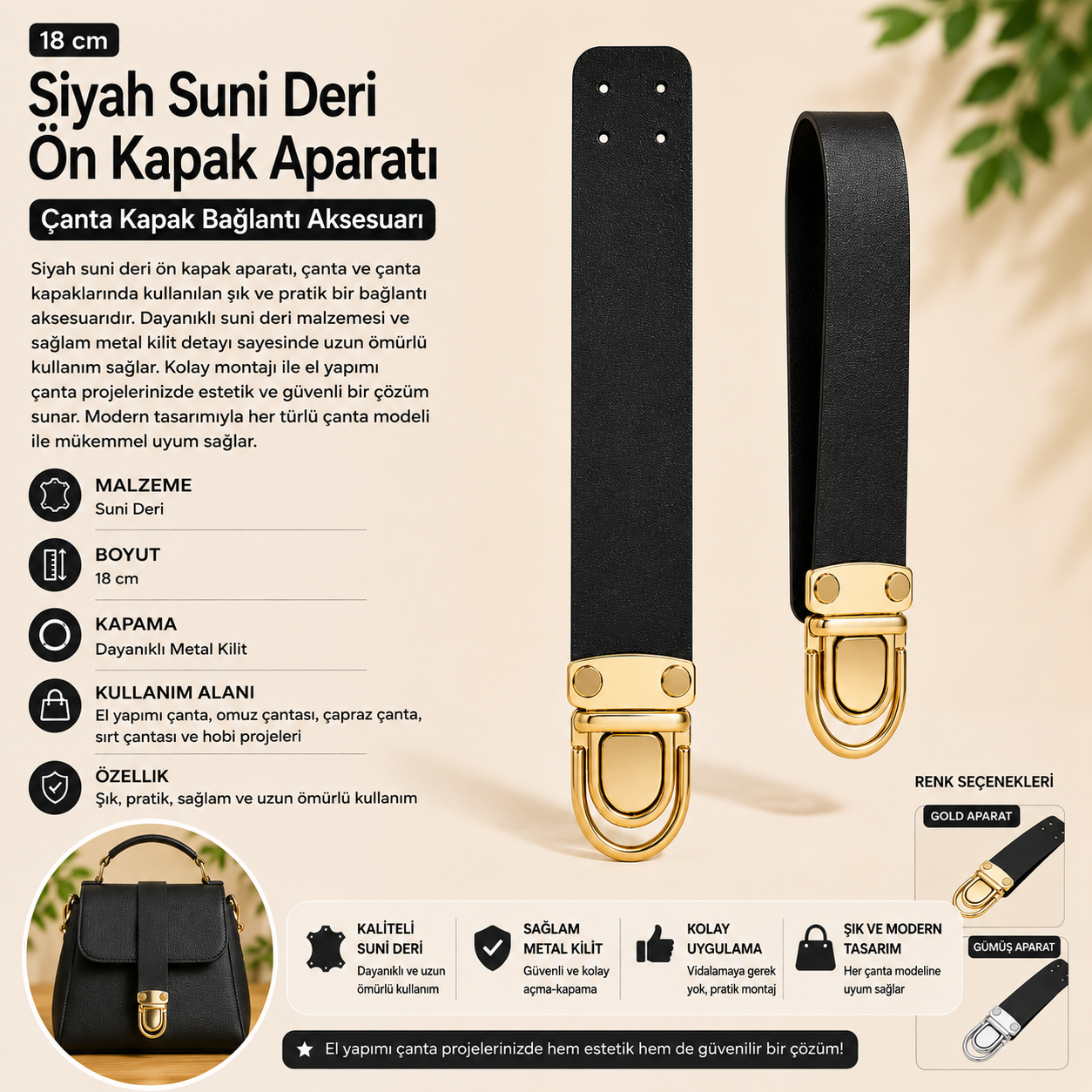 Siyah Deri Çanta Kapağı Kilitli Askı Ucu – Gold Aparatlı 18 cm