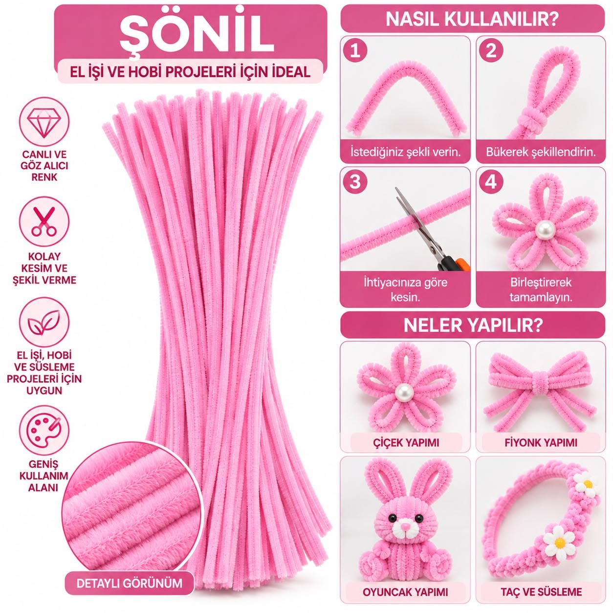 Şönil 31 cm 100 Adet – Tüylü Şönil Çubuk, Hobi ve El İşi Malzemesi Pembe