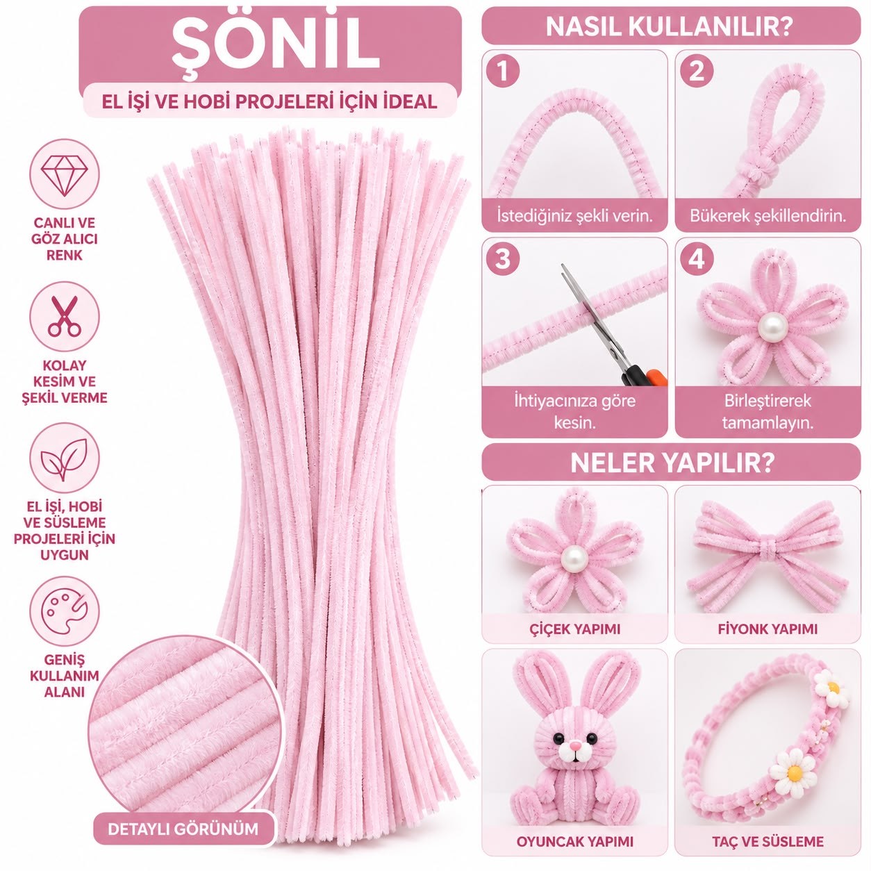 Şönil 31 cm 100 Adet – Tüylü Şönil Çubuk, Hobi ve El İşi Malzemesi Toz Pembe