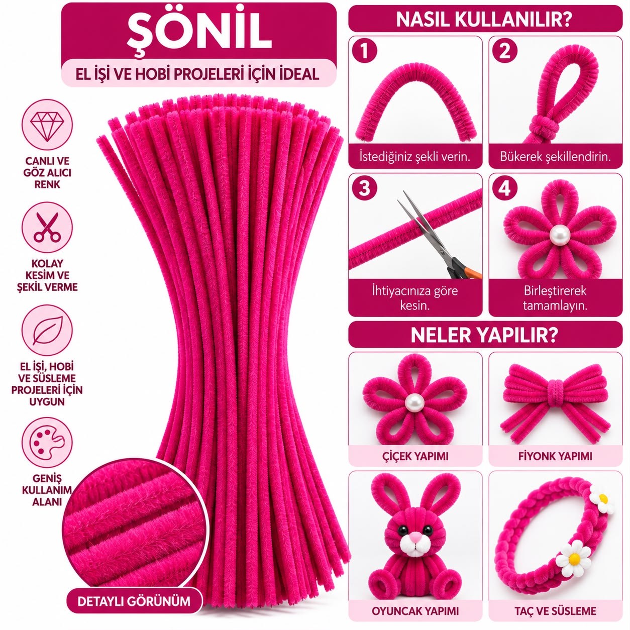 Şönil 31 cm 100 Adet – Tüylü Şönil Çubuk, Hobi ve El İşi Malzemesi Fuşya Pembe