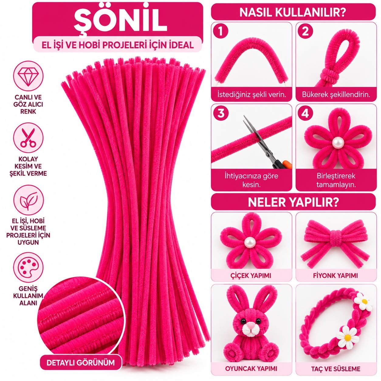 Şönil 31 cm 100 Adet – Tüylü Şönil Çubuk, Hobi ve El İşi Malzemesi Canlı Pembe