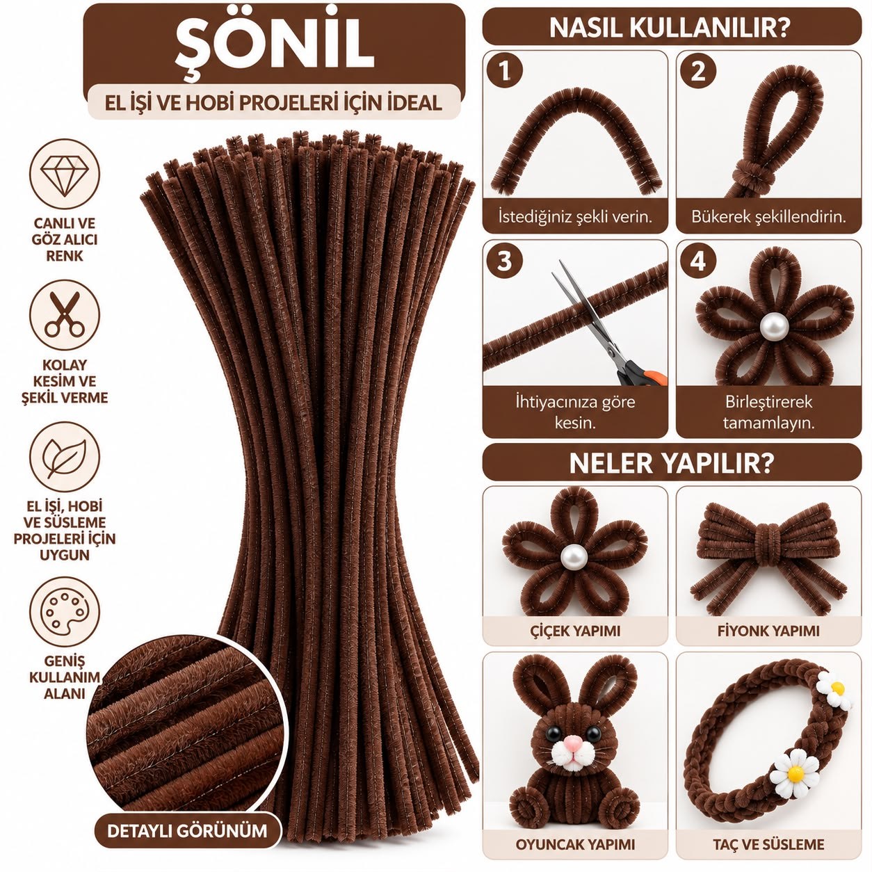 Şönil 31 cm 100 Adet – Tüylü Şönil Çubuk, Hobi ve El İşi Malzemesi Acı Kahverengi