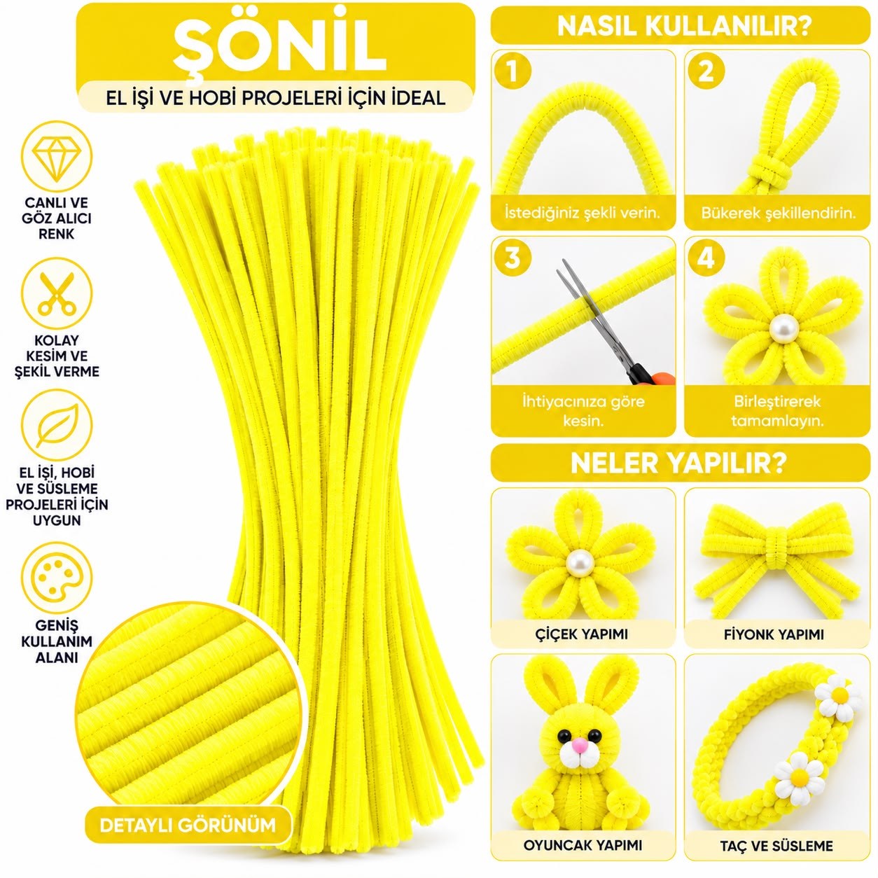 Şönil 31 cm 100 Adet – Tüylü Şönil Çubuk, Hobi ve El İşi Malzemesi Limon Sarı
