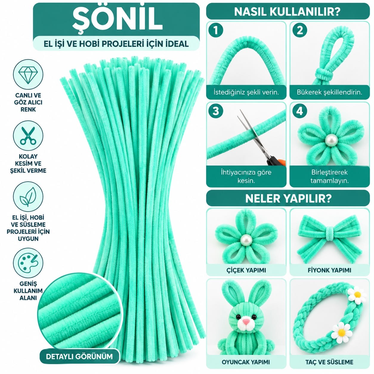Şönil 31 cm 100 Adet – Tüylü Şönil Çubuk, Hobi ve El İşi Malzemesi Mint Yeşili