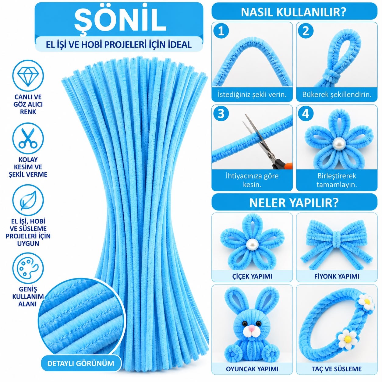 Şönil 31 cm 100 Adet – Tüylü Şönil Çubuk, Hobi ve El İşi Malzemesi Bebe Mavisi