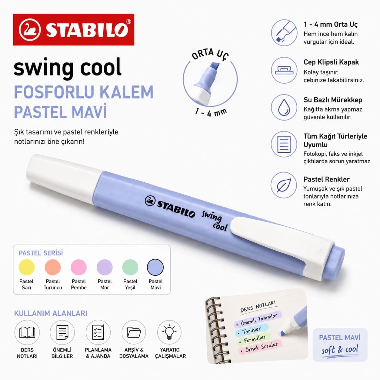 Stabilo Swing Cool Fosforlu Kalem Pastel Mavi