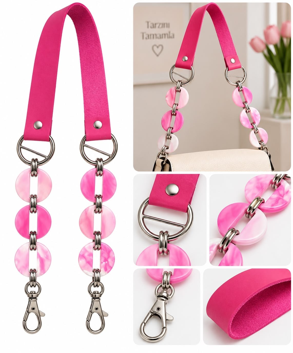 Suni Deri Boncuk ve Metal Detaylı Çanta Sapı – 75 cm Gümüş Klipsli Çanta Askısı-Pembe