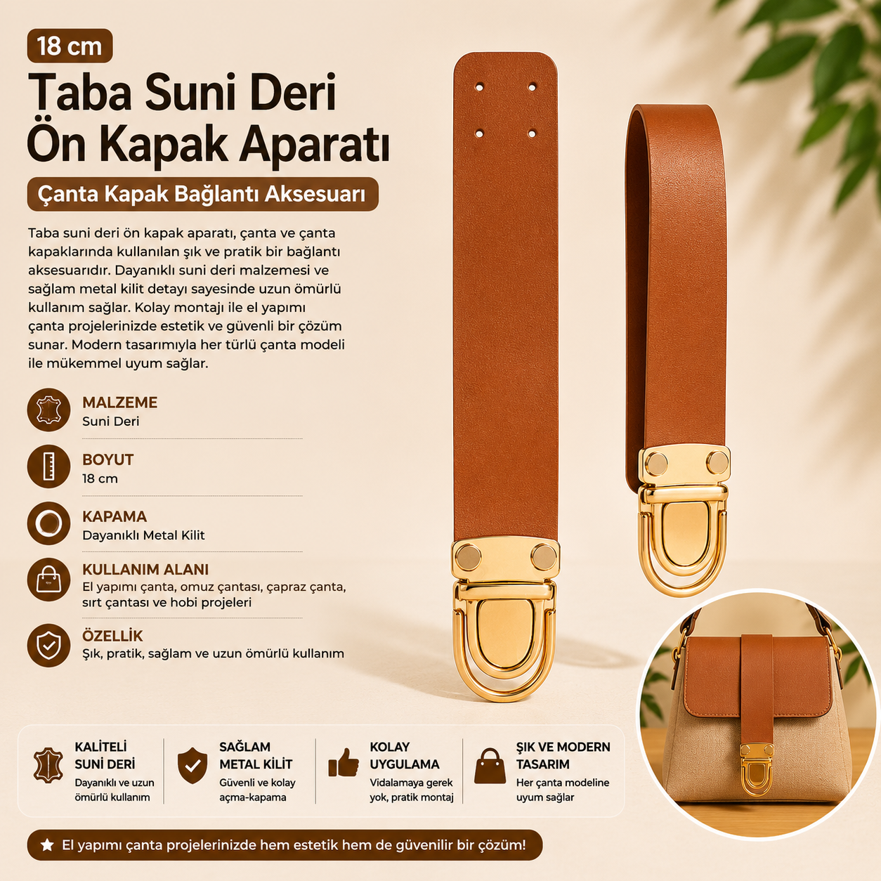 Taba Suni Deri Gümüş Kilitli Ön Kapak Aparatı 18 cm