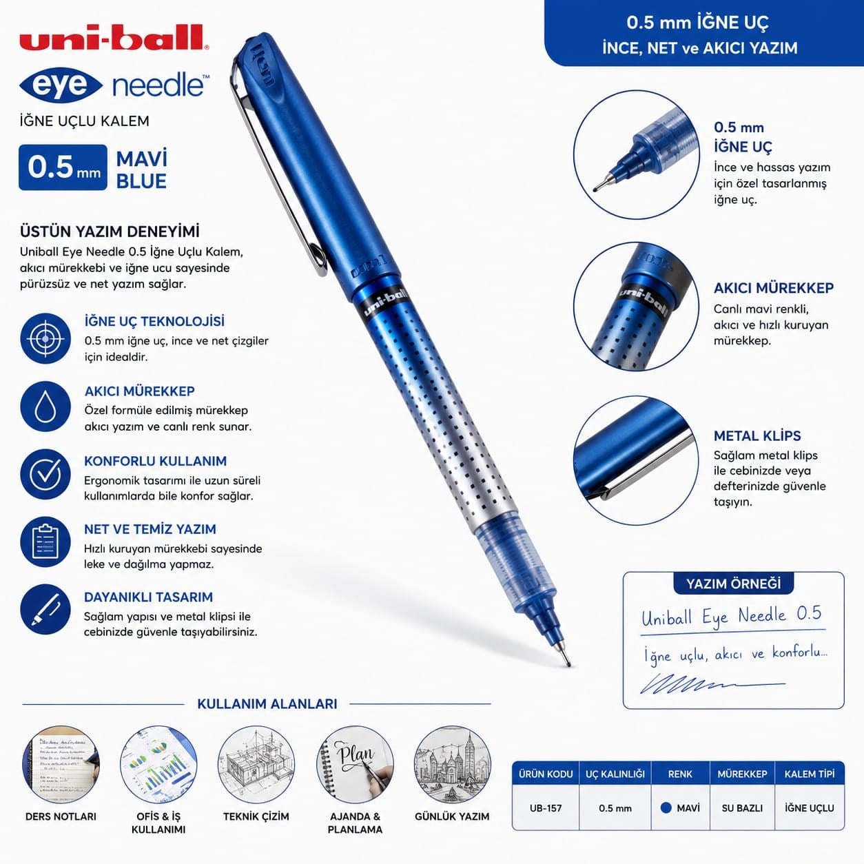 Uniball Eye Needle İğne Uçlu Kalem Mavi 0.5