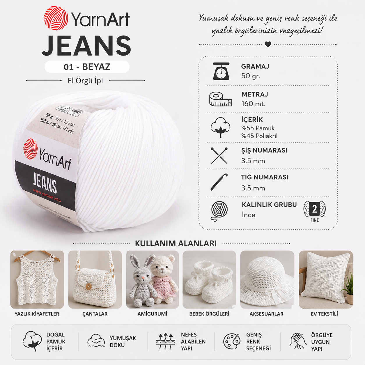 Yarnart Jeans Beyaz El Örgü İpi 01