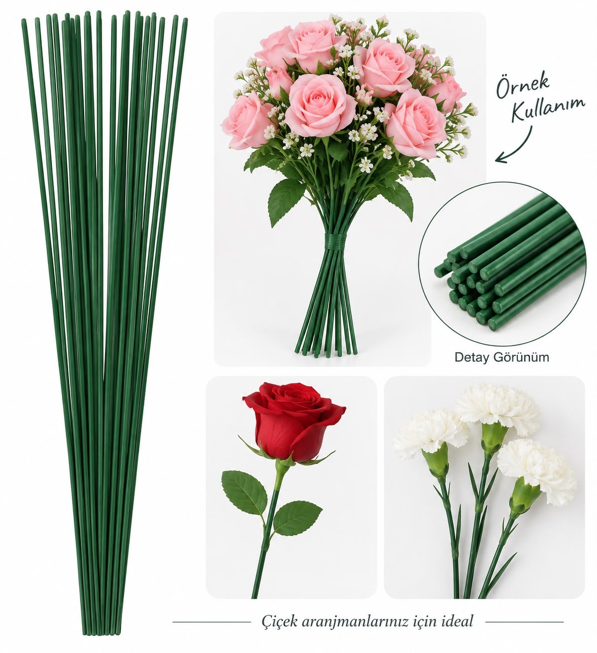 Yeşil Çiçek Teli 40 cm - 10'lu Paket (Çiçek Sapı / Çiçekçilik Teli)