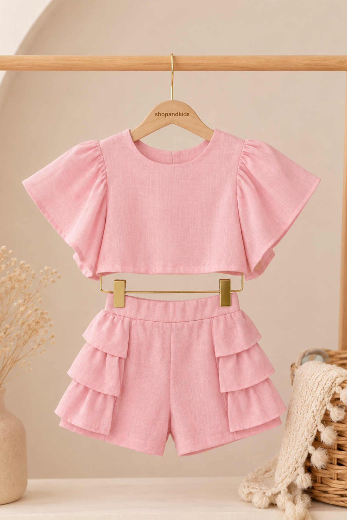  Fırfırlı Keten KropTakım - Pembe (2-8yaş)