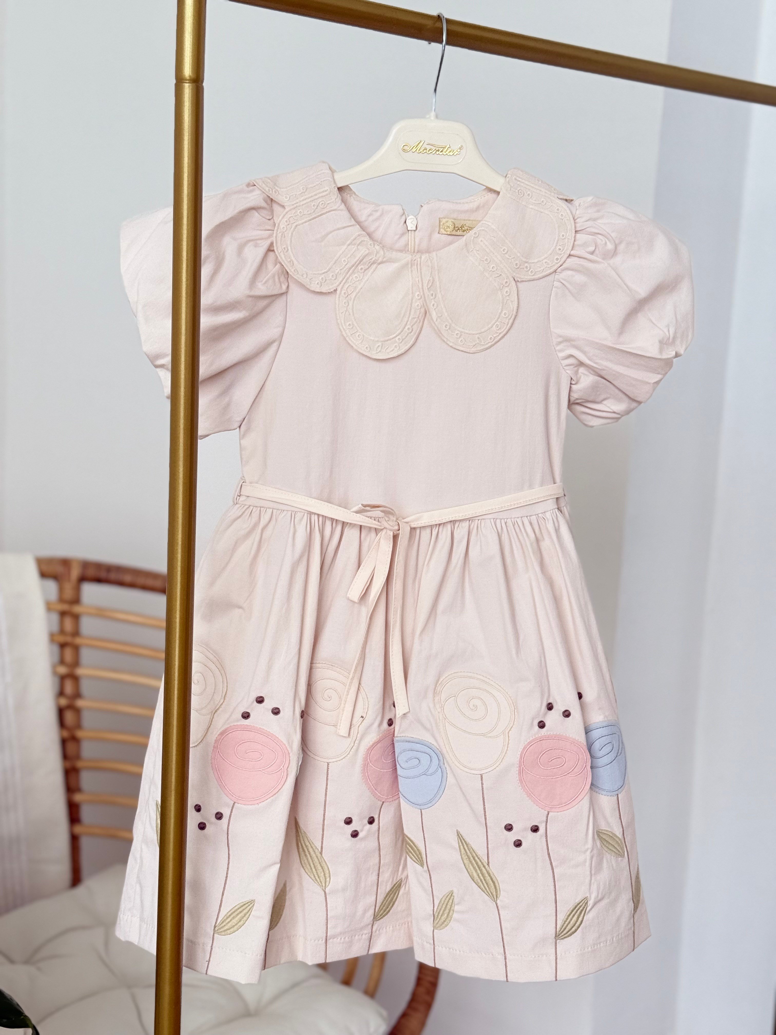 Çiçek Detay Bebe Yaka Elbise - Krem (5yaş-8 yaş)