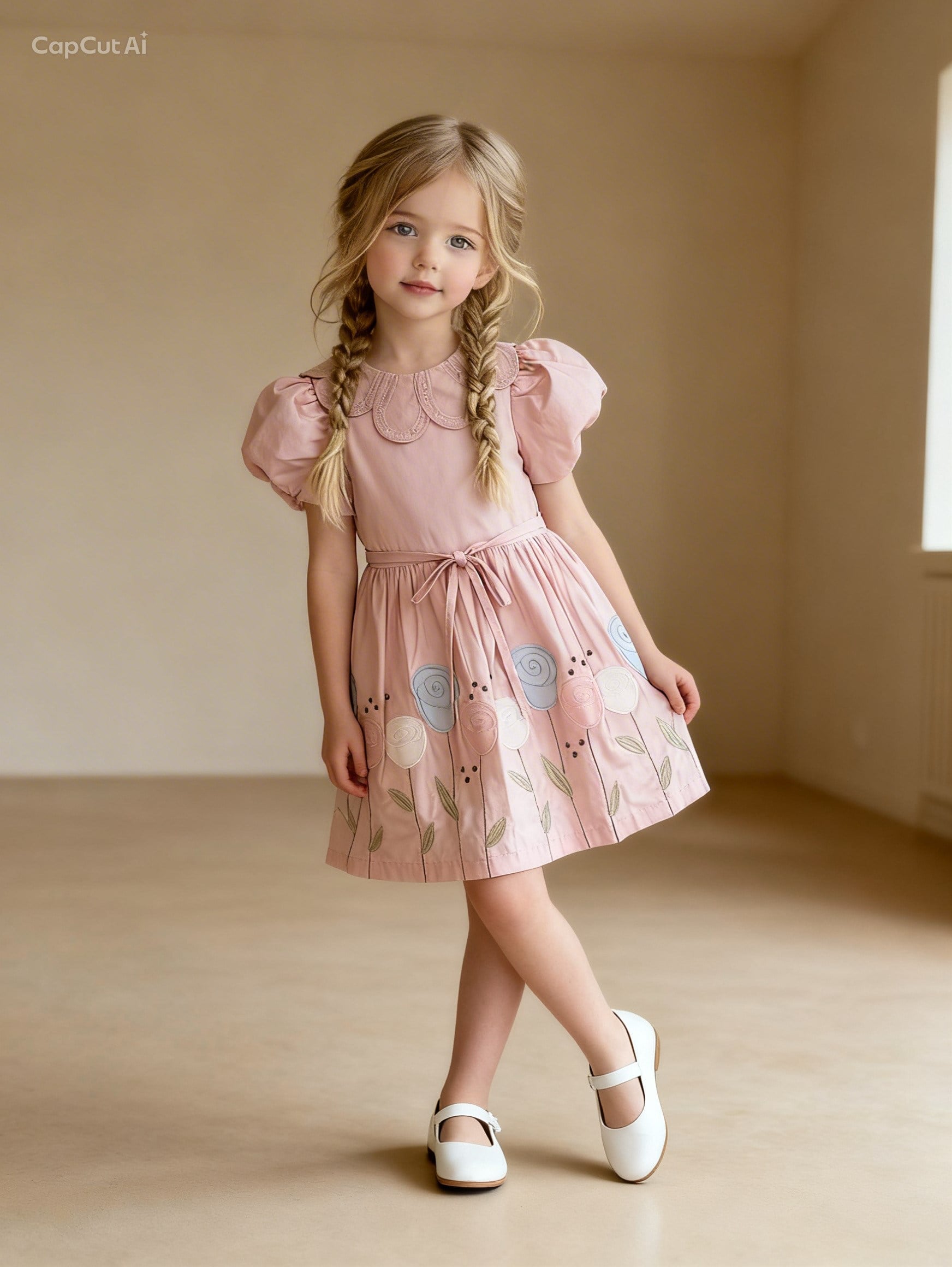 Çiçek Detay Bebe Yaka Elbise - Pudra (5yaş-8 yaş)