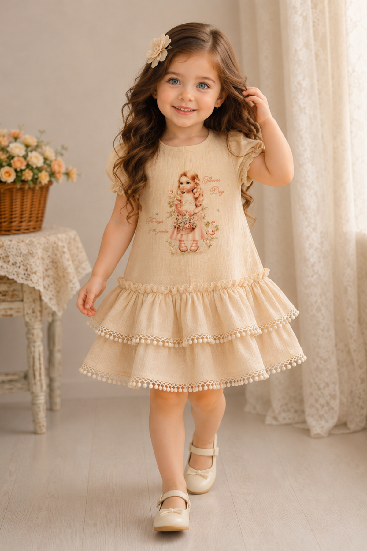 Flowers Day Elbise - Bej (1-4yaş)