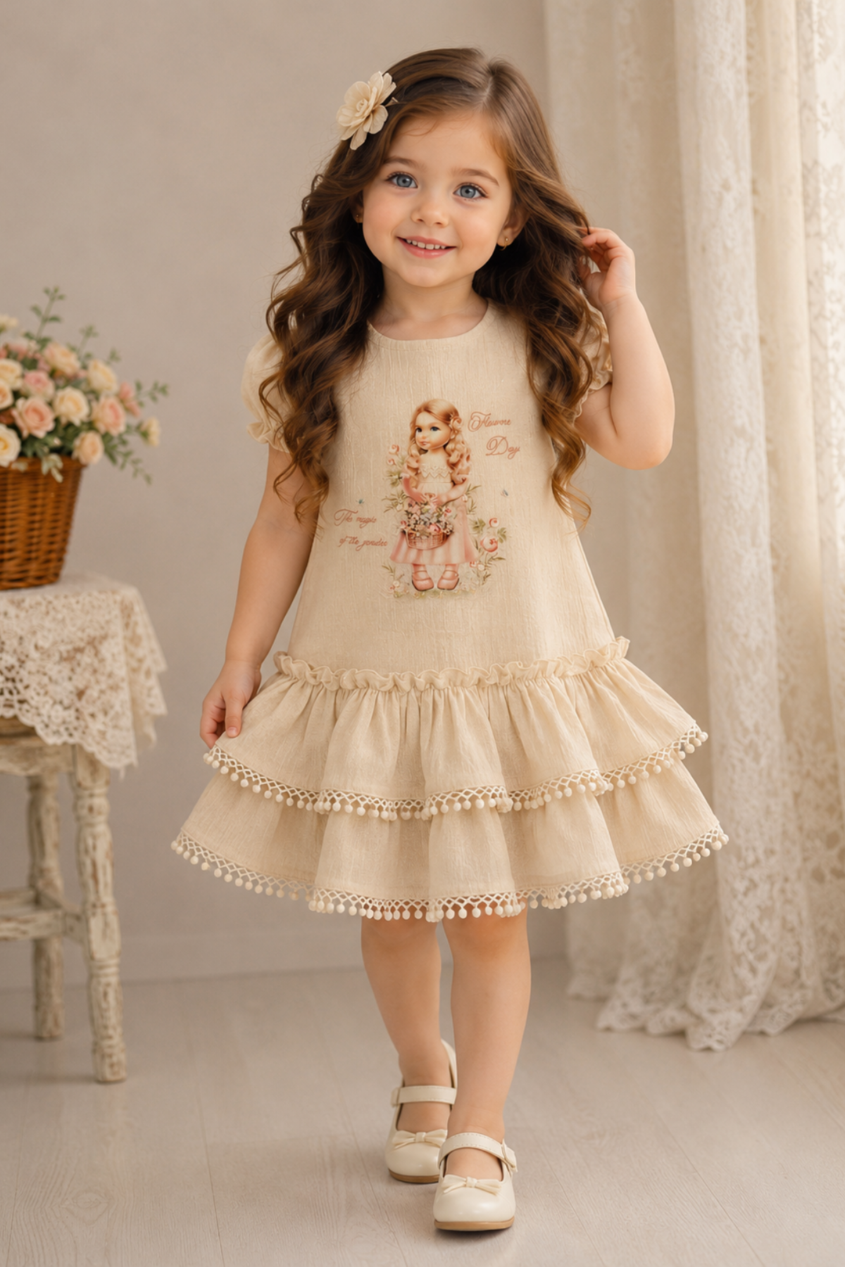 Flowers Day Elbise - Bej (1-4yaş)
