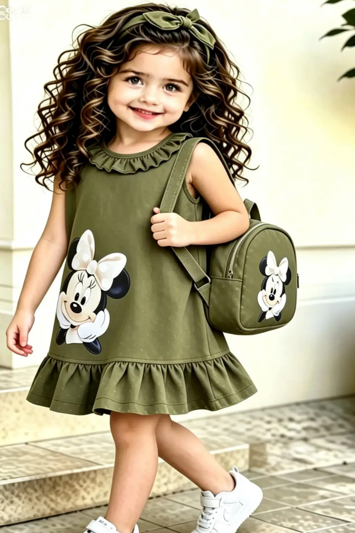 Minnie Çantalı  Elbise Haki-(2-9 yaş)