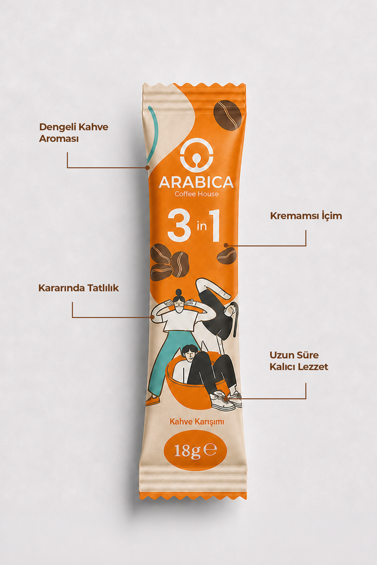 Arabica Coffee House 3'ü 1 Arada Nitelikli Stick Kahve 18 gr x 48 Adet | Barista Karışımı | Pratik Hazır Kahve