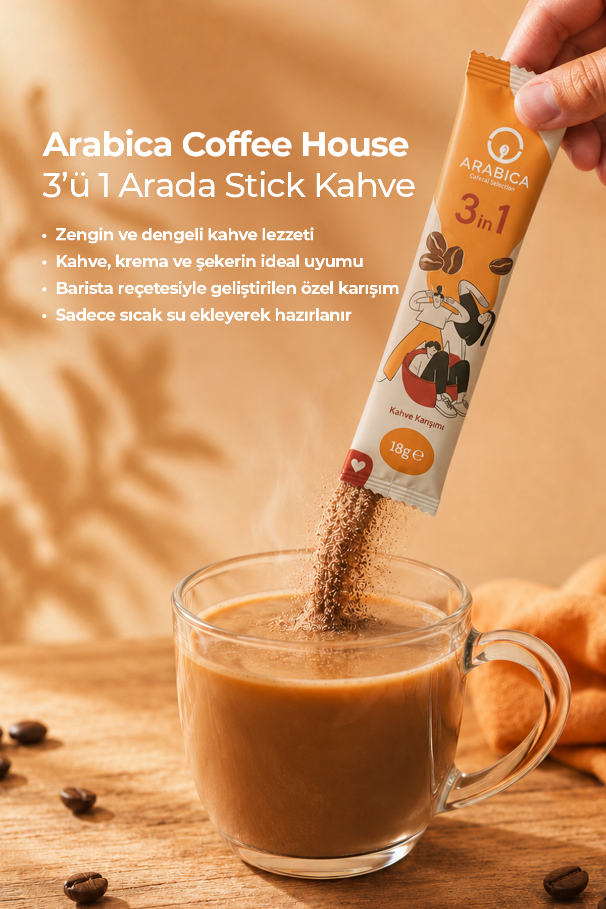 Arabica Coffee House 3'ü 1 Arada Nitelikli Stick Kahve 18 gr x 48 Adet | Barista Karışımı | Pratik Hazır Kahve