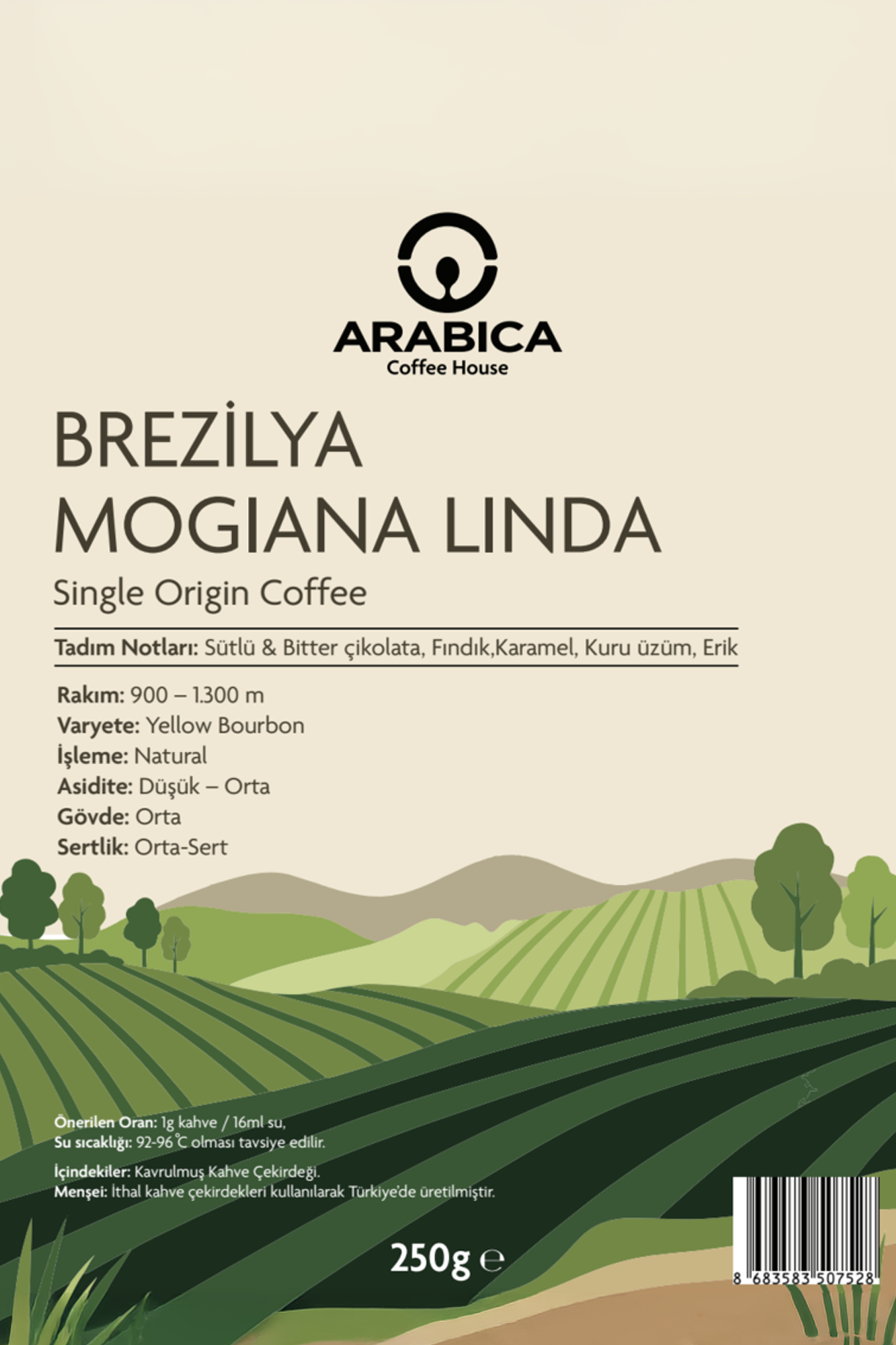 Arabica Coffee House Brezilya Mogiana Linda 250 g | %100 Arabica Specialty Çekirdek Kahve | Medium Kavrulmuş