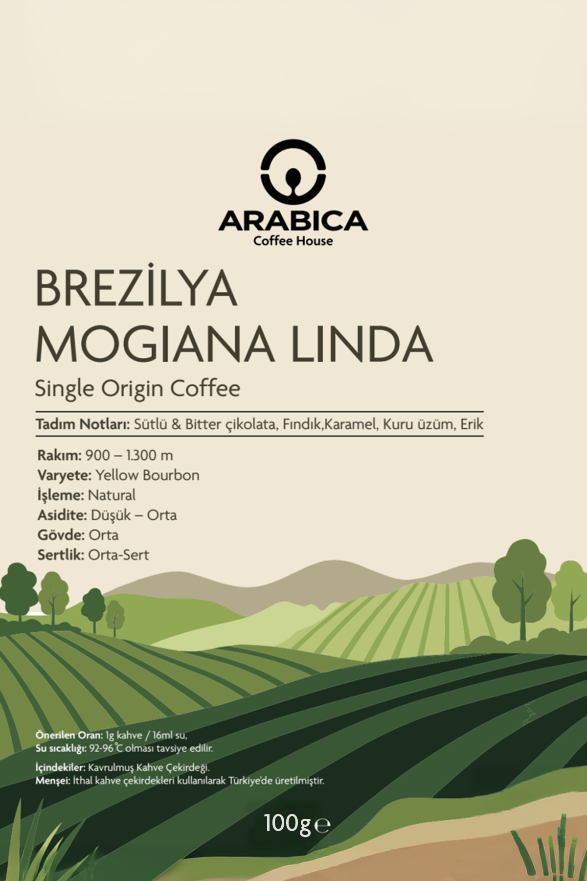Arabica Coffee House Brezilya Mogiana Linda 100 g | %100 Arabica Specialty Çekirdek Kahve | Medium Kavrulmuş