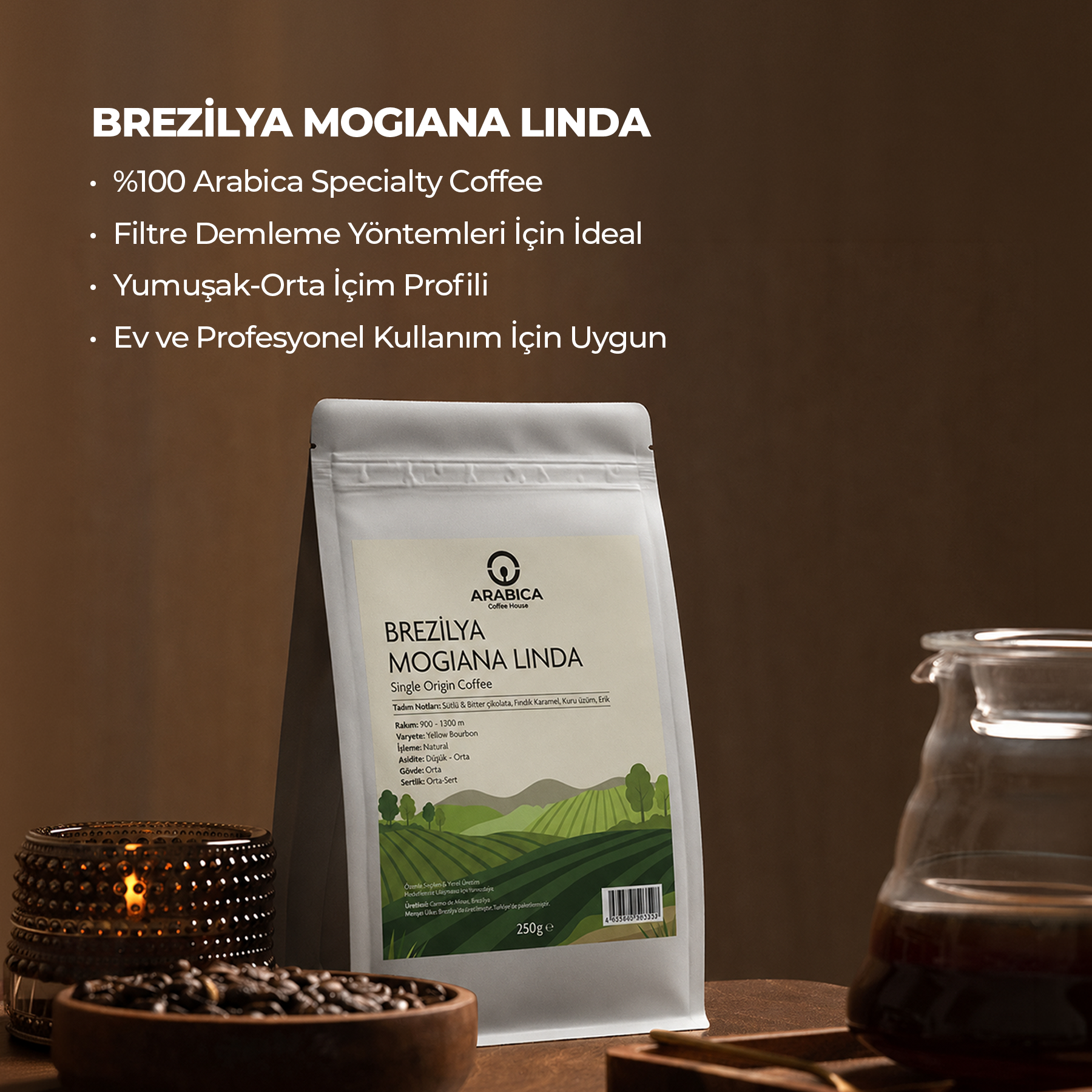 Arabica Coffee House Brezilya Mogiana Linda 250 g | %100 Arabica Specialty Çekirdek Kahve | Medium Kavrulmuş