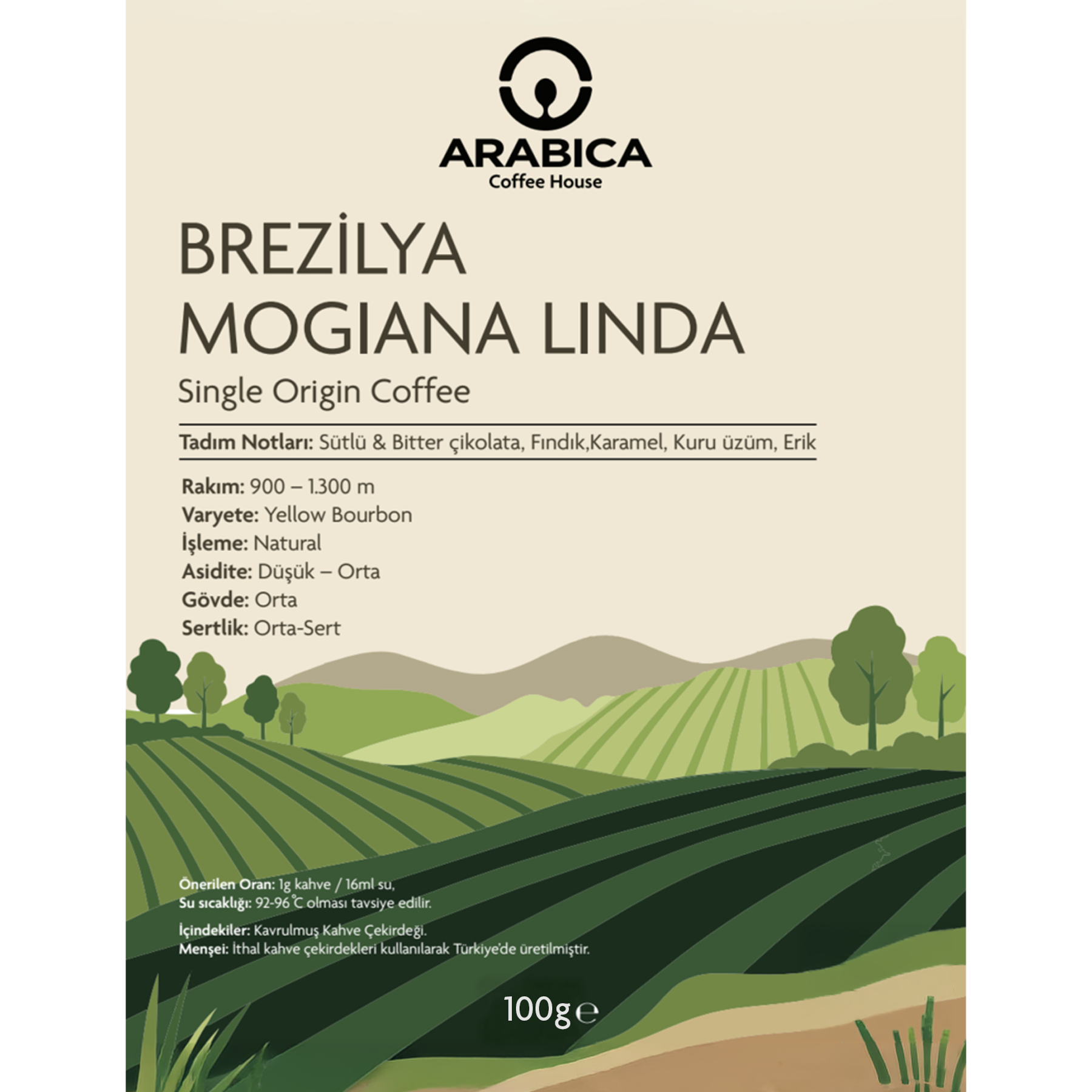 Arabica Coffee House Brezilya Mogiana Linda 100 g | %100 Arabica Specialty Çekirdek Kahve | Medium Kavrulmuş