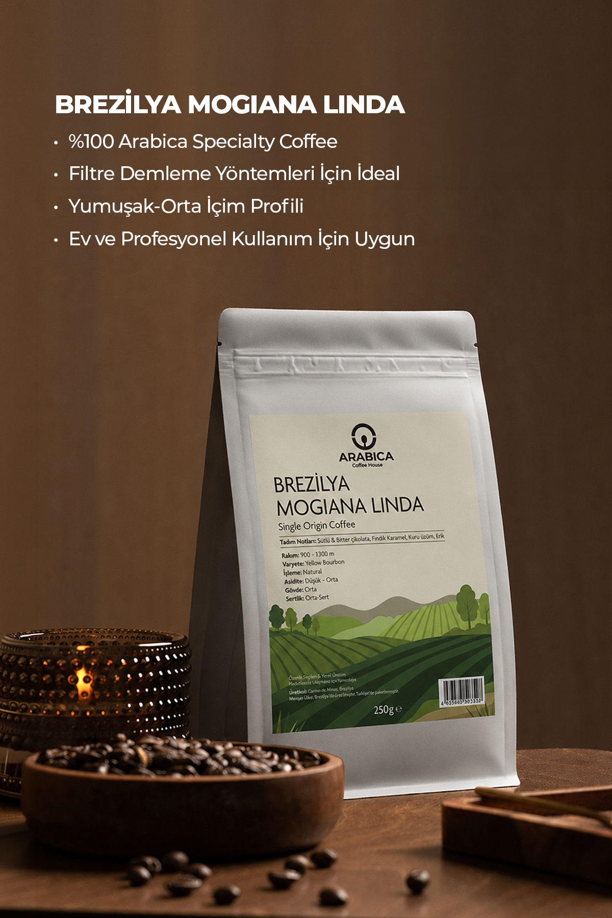 Arabica Coffee House Brezilya Mogiana Linda 250 g | %100 Arabica Specialty Çekirdek Kahve | Medium Kavrulmuş