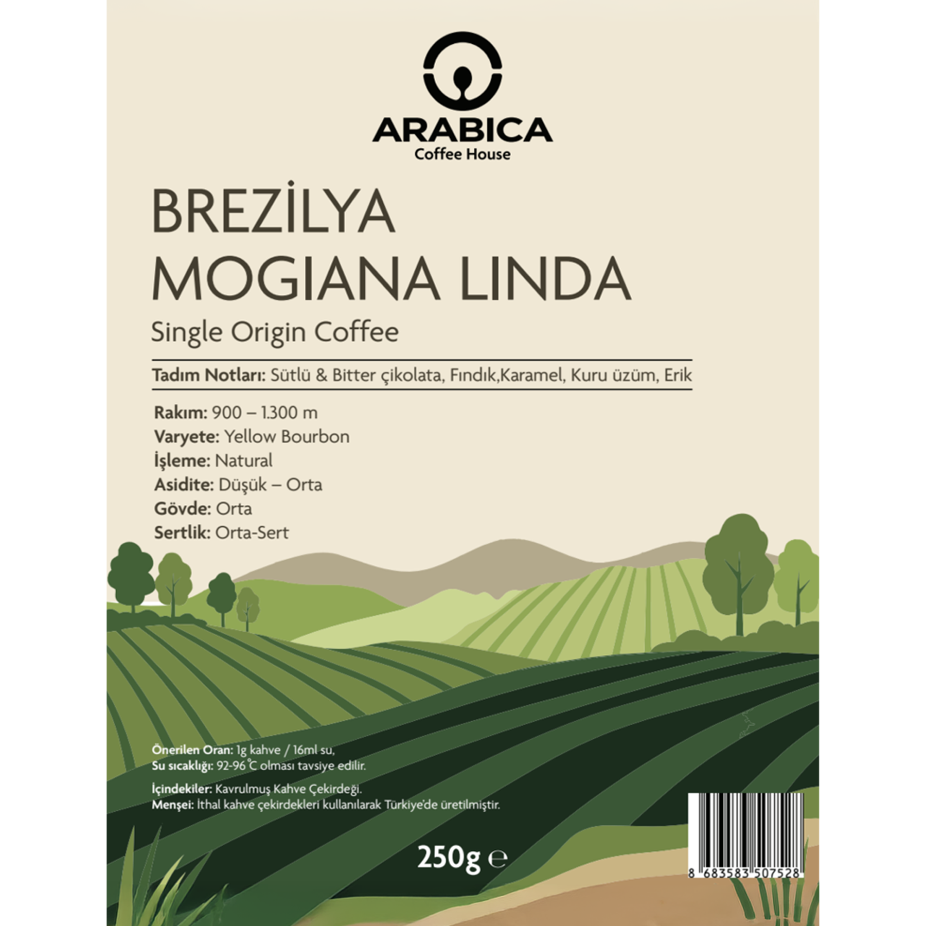 Arabica Coffee House Brezilya Mogiana Linda 250 g | %100 Arabica Specialty Çekirdek Kahve | Medium Kavrulmuş