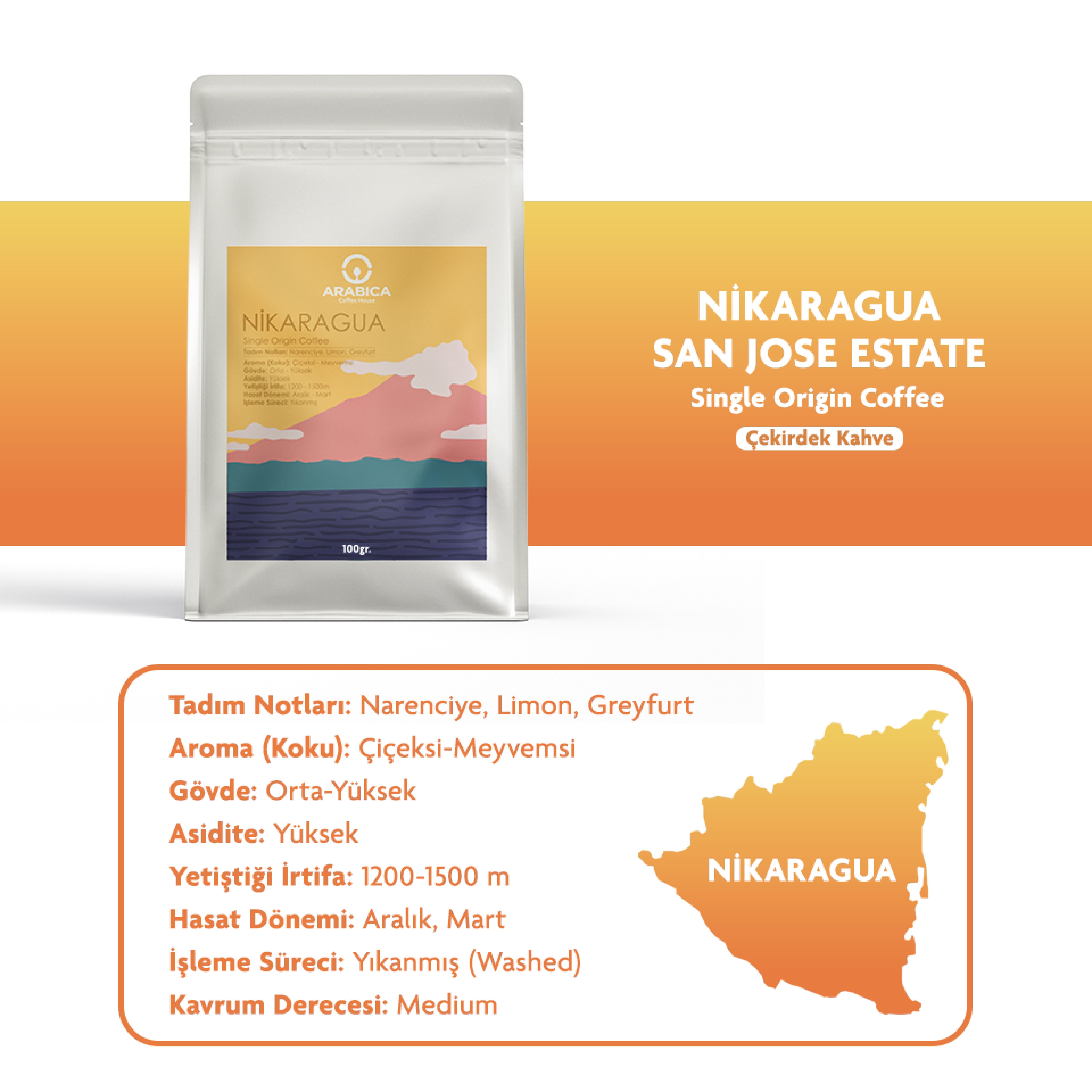 Nikaragua San Jose Estate 100g Çekirdek Kahve Taze Kavrulmuş