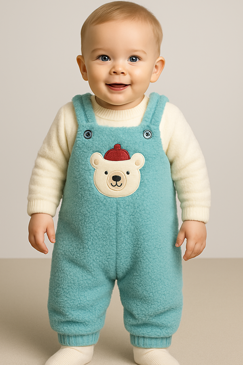Ayı Nakışlı Kışlık Peluş Welsoft Bebek Tulum-Yeşil
