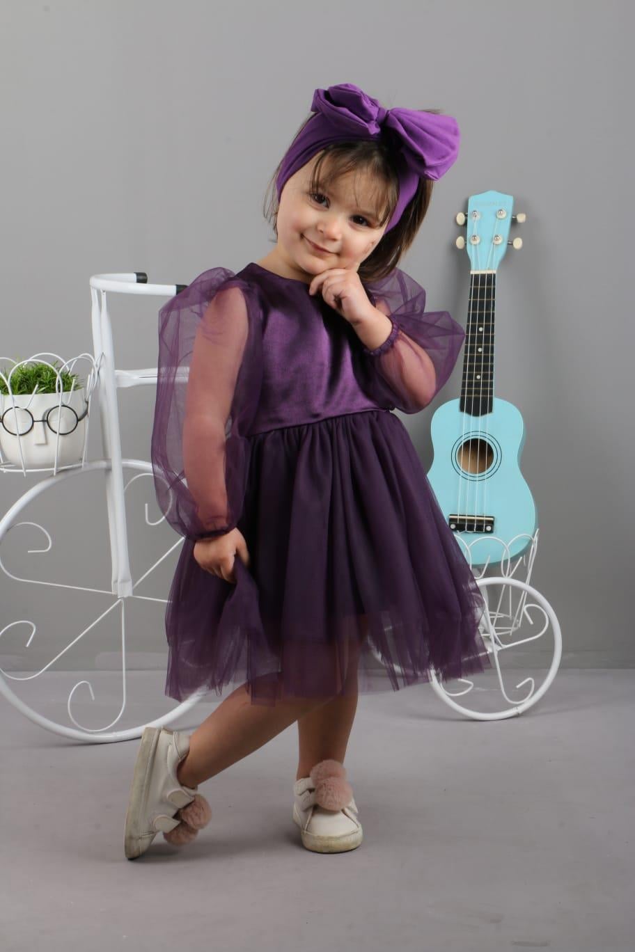 Bandanalı Tatlı Kız Elbisesi-Mor