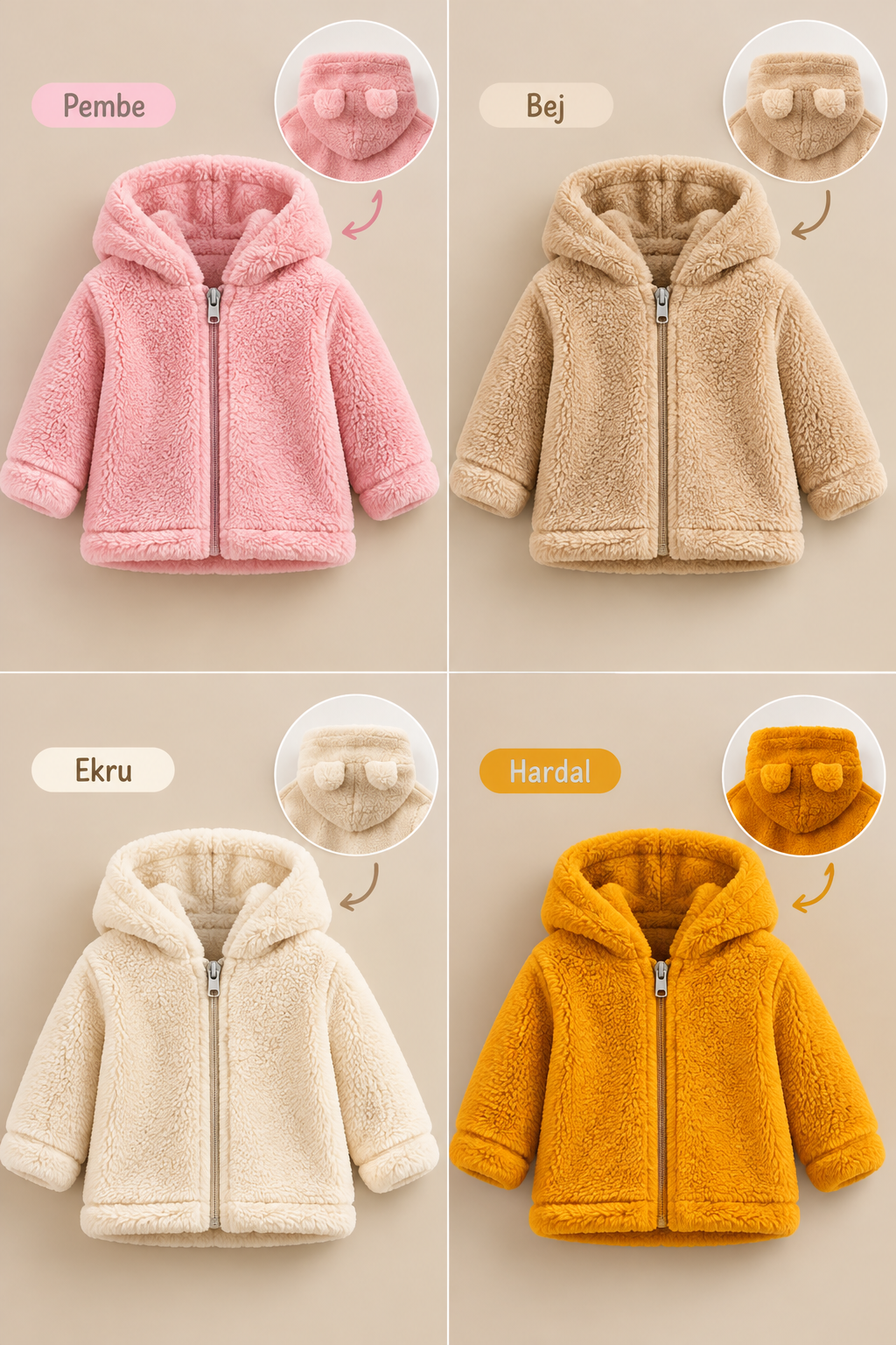 Bebek Çocuk Fermuarlı Kapüşonlu Peluş Welsoft Kışlık Hırka - Pembe
