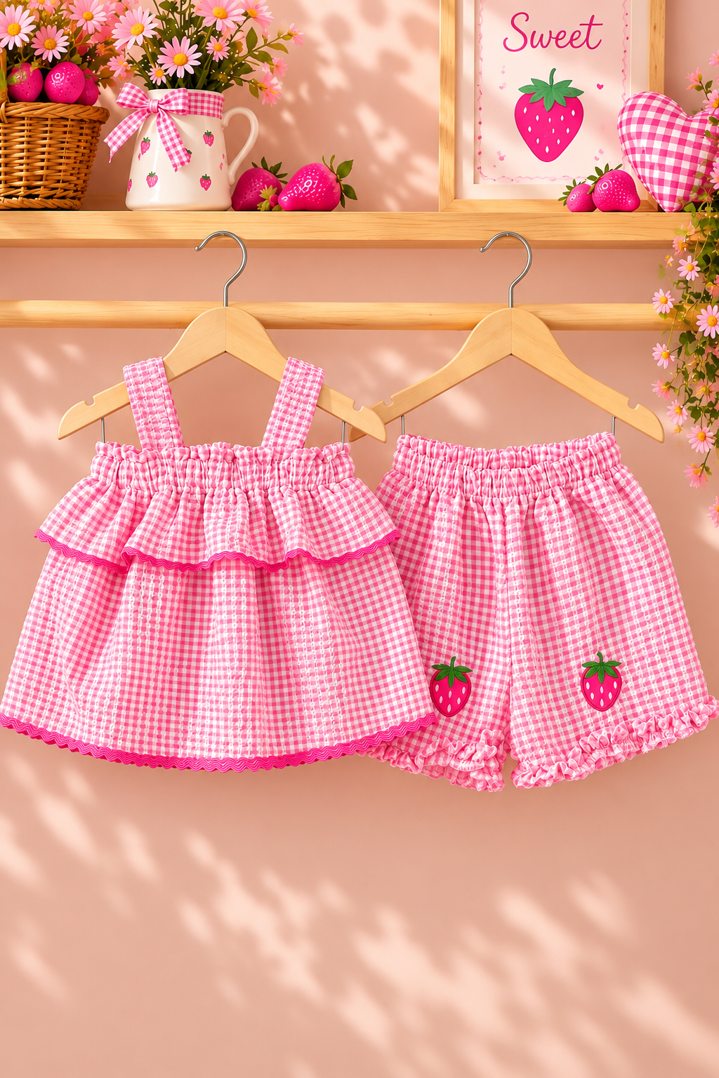 Kız Bebek Çocuk Çilek Nakışlı Pötikare Askılı Şortlu 2'li Yazlık Takım - Pembe