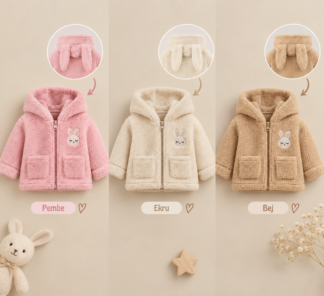 Kız Bebek Tavşan Nakışlı Fermuarlı Cepli Peluş Welsoft Kışlık Hırka - Kahverengi