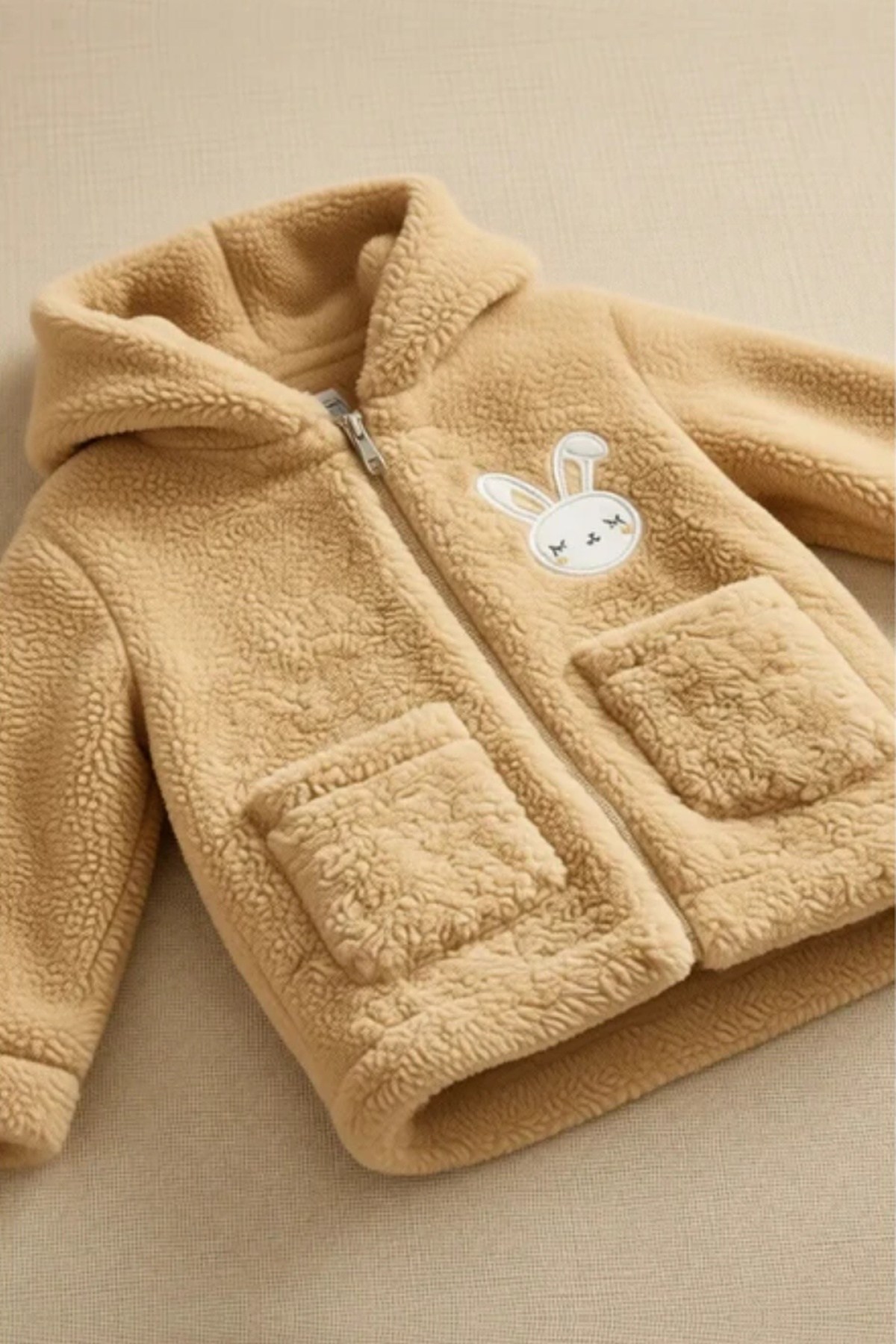 Kız Bebek Tavşan Nakışlı Fermuarlı Cepli Peluş Welsoft Kışlık Hırka - Kahverengi
