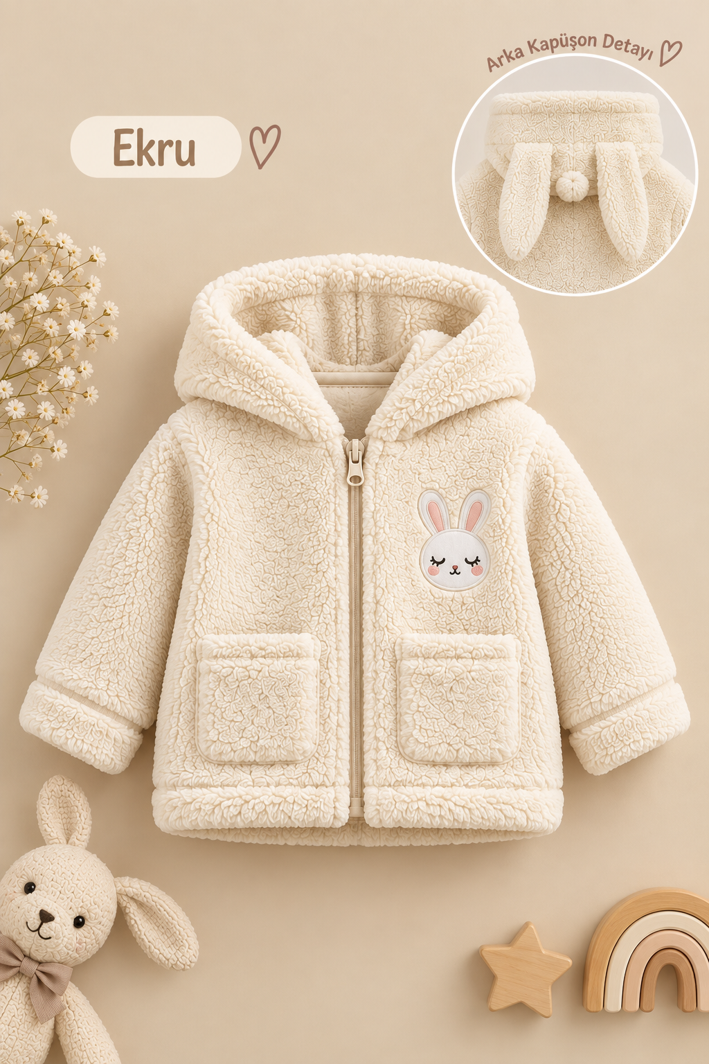 Kız Bebek Tavşan Nakışlı Fermuarlı Cepli Peluş Welsoft Kışlık Hırka - Beyaz