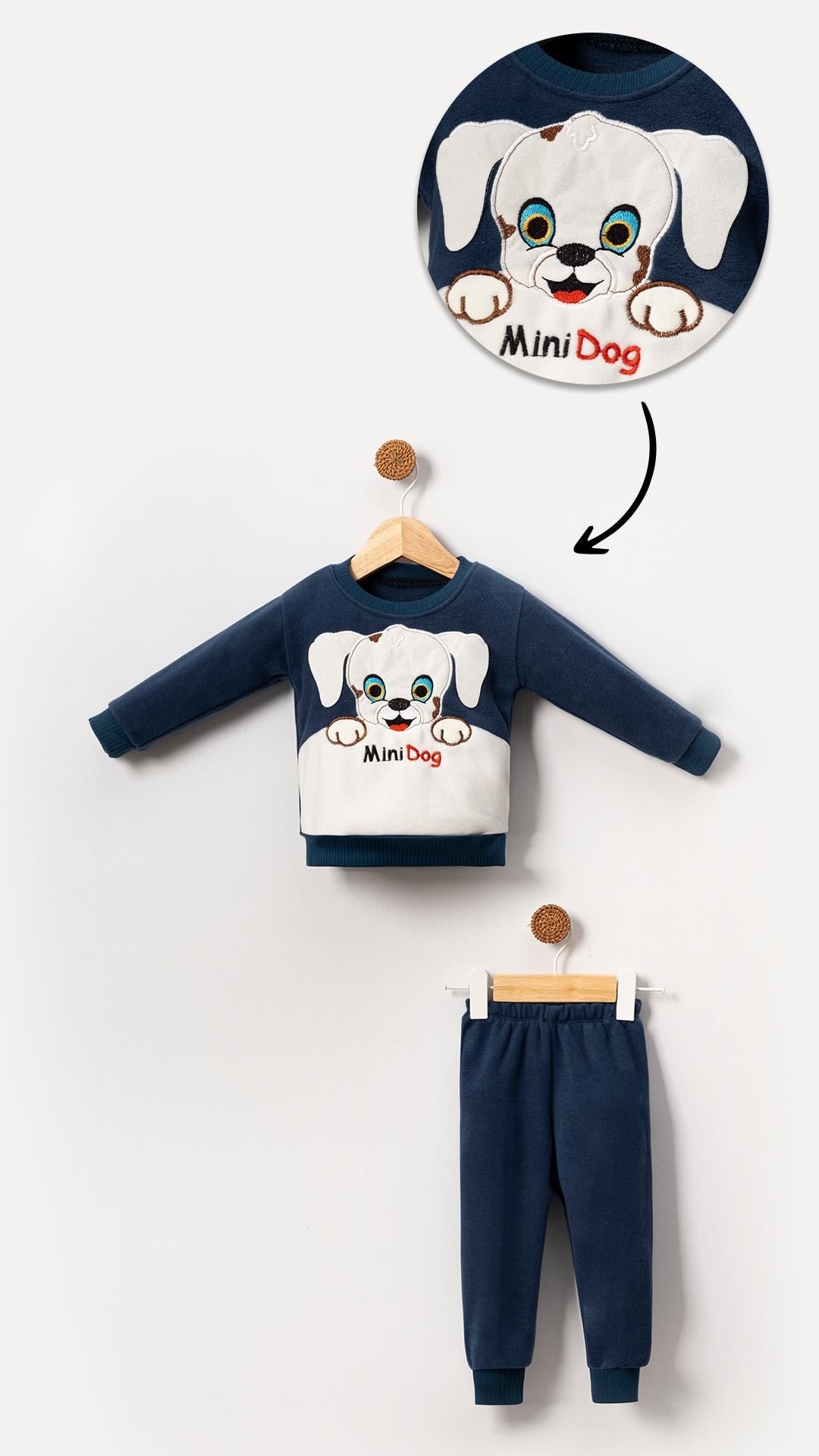Mini Dog Köpek Görselli Erkek Bebek & Çocuk Polar Kışlık Alt Üst Takım-Lacivert