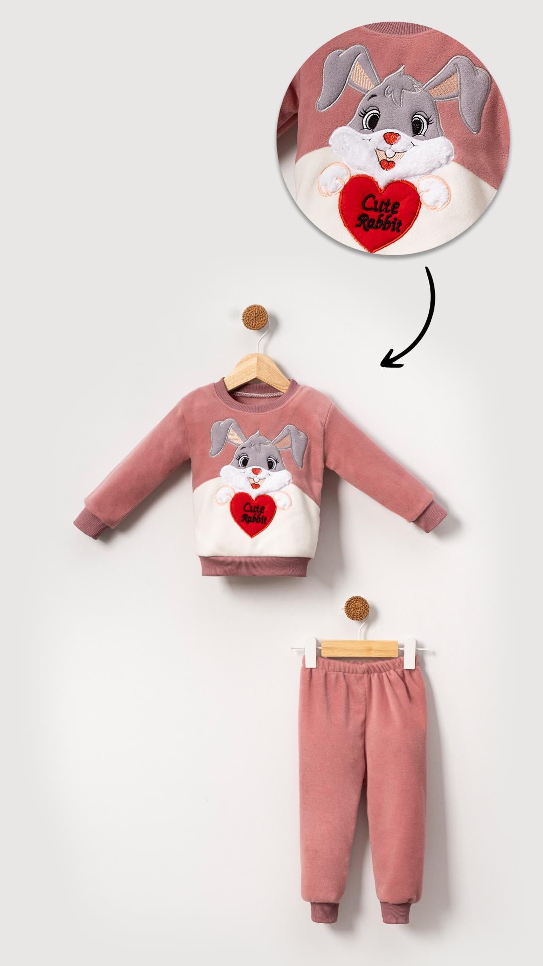 Tavşan Görselli Kız Bebek & Çocuk Polar Kışlık Alt Üst Takım-Pembe