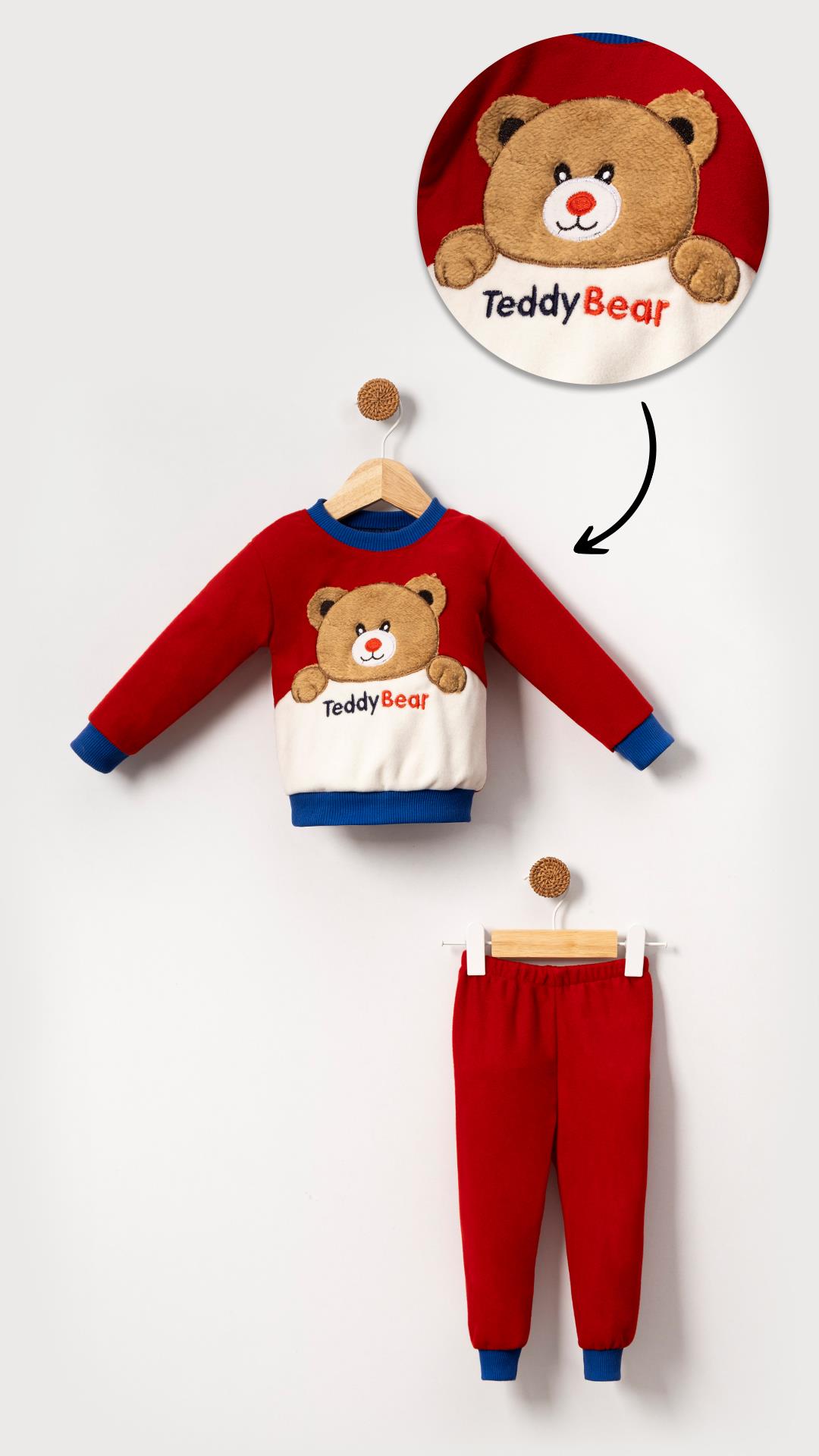 Teddy Bear Görselli Erkek Bebek & Çocuk Polar Kışlık Alt Üst Takım-Kırmızı