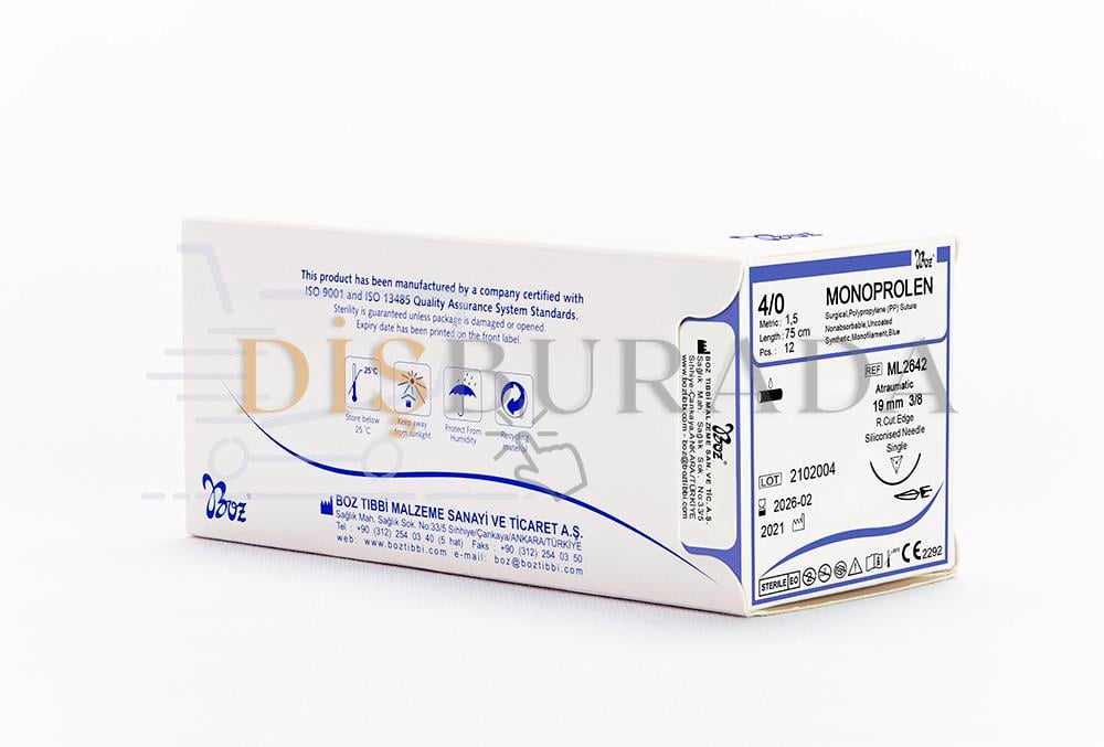 Boz - Monoprolen (Polypropilen-Pp) Usp:4/0 19Mm 3/8 Aşağı Keskin 75Cm Tek İğne Mavi Ref:Ml2642