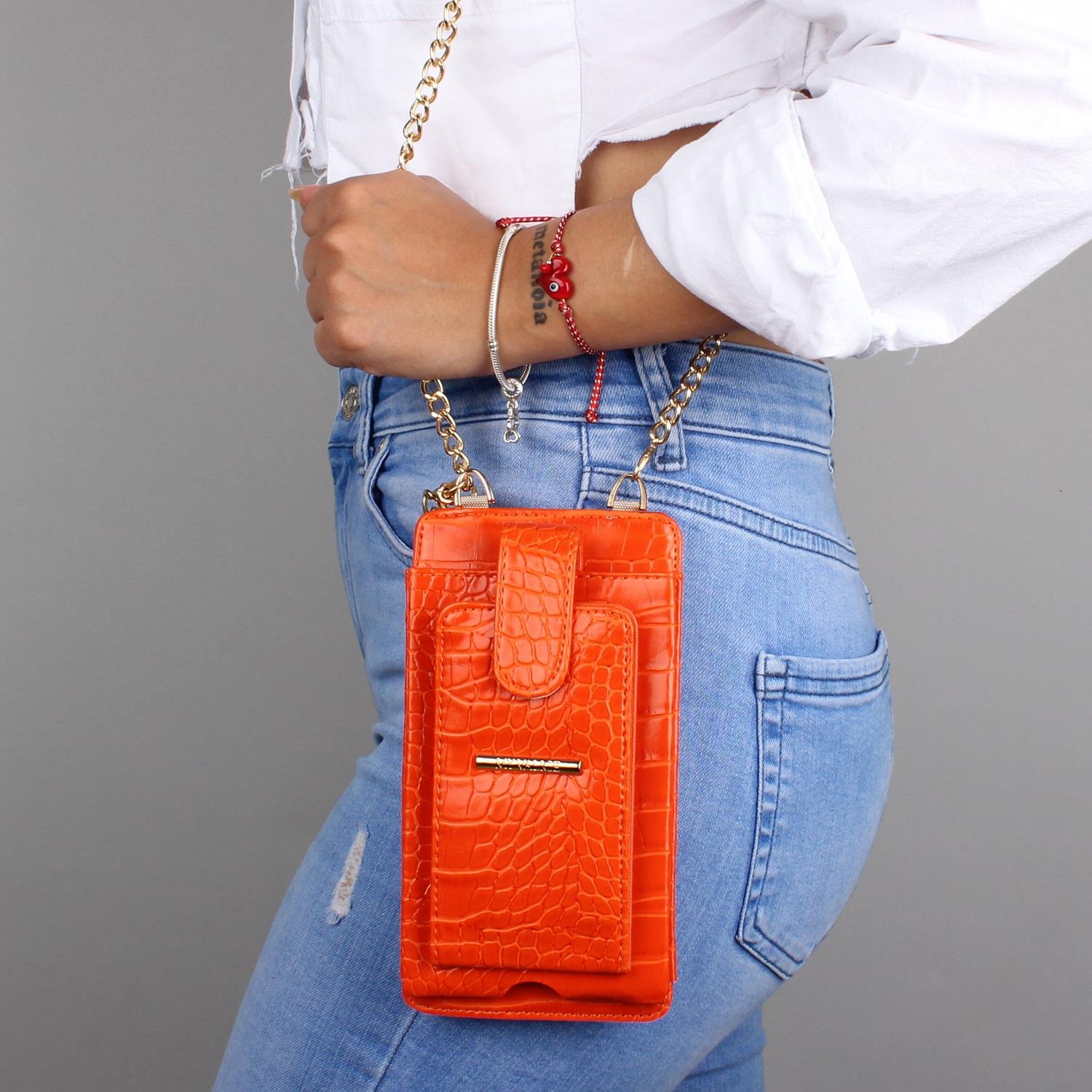 My Valice Kadın Deri Çapraz Cüzdan ve Kartlık Bölmeli Telefon Çantası 1618 Turuncu