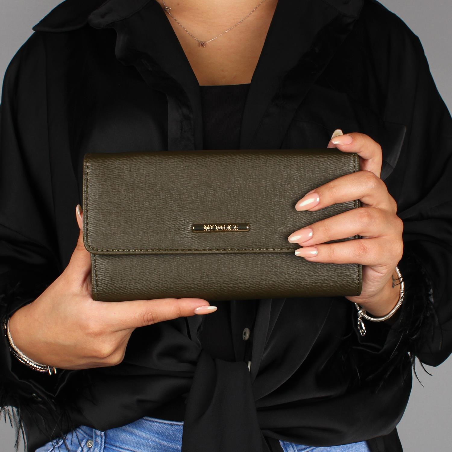 My Valice Kadın Deri Çapraz Mini Portföy Çanta Cüzdan ve Kartlık Bölmeli Telefon Çantası 1622 Haki