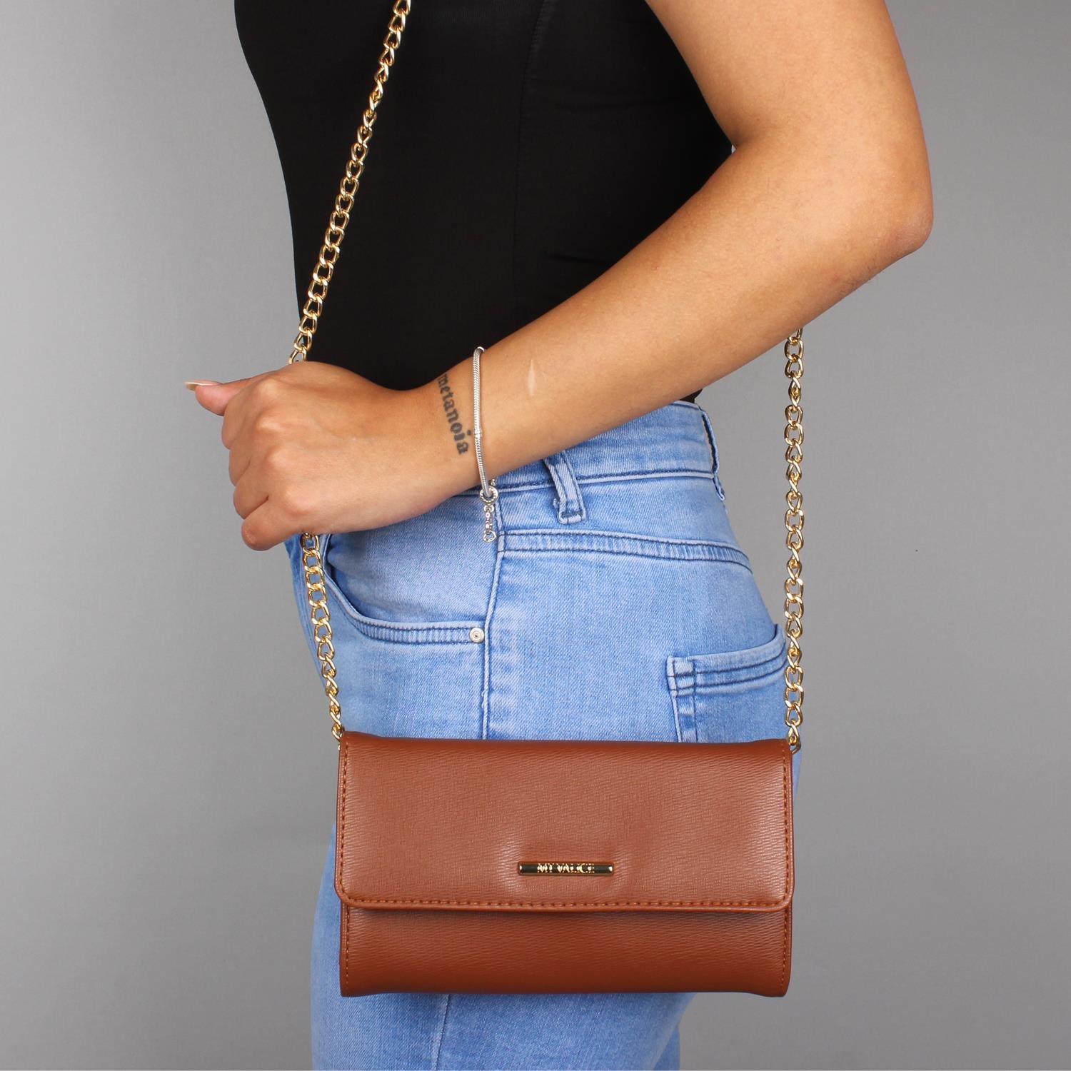 My Valice Kadın Deri Çapraz Mini Portföy Çanta Cüzdan ve Kartlık Bölmeli Telefon Çantası 1622 Taba